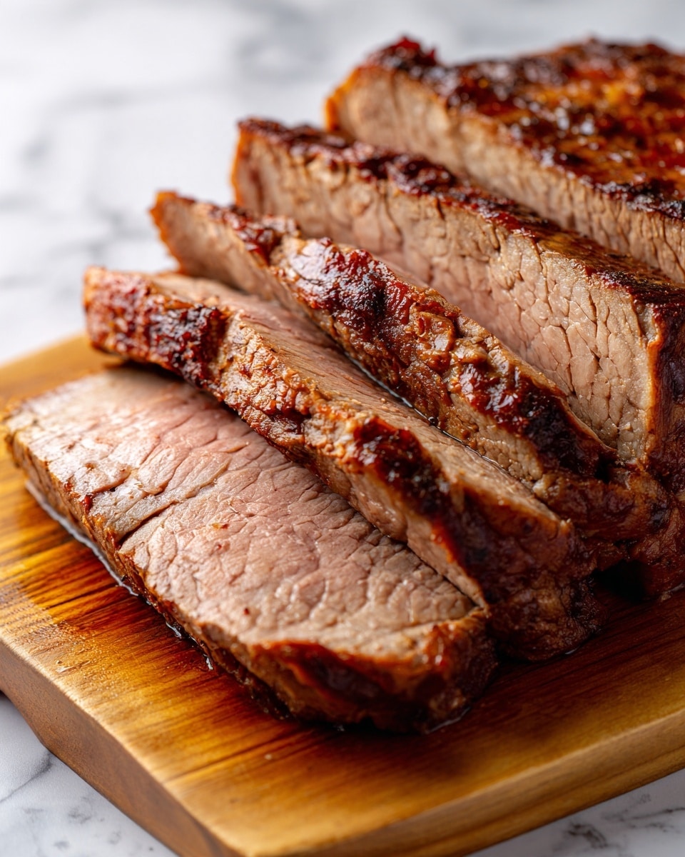 A close-up view of several thick slices of cooked roast beef arranged in a row on a wooden cutting board with a glossy texture. Each slice shows a tender, juicy, and slightly pink center with a light sear crust around the edges, ranging in color from deep brown to rosy pink. The texture looks soft yet firm, with visible muscle fiber and slight marbling. The background has a soft white marbled texture. photo taken with an iphone --ar 4:5 --v 7