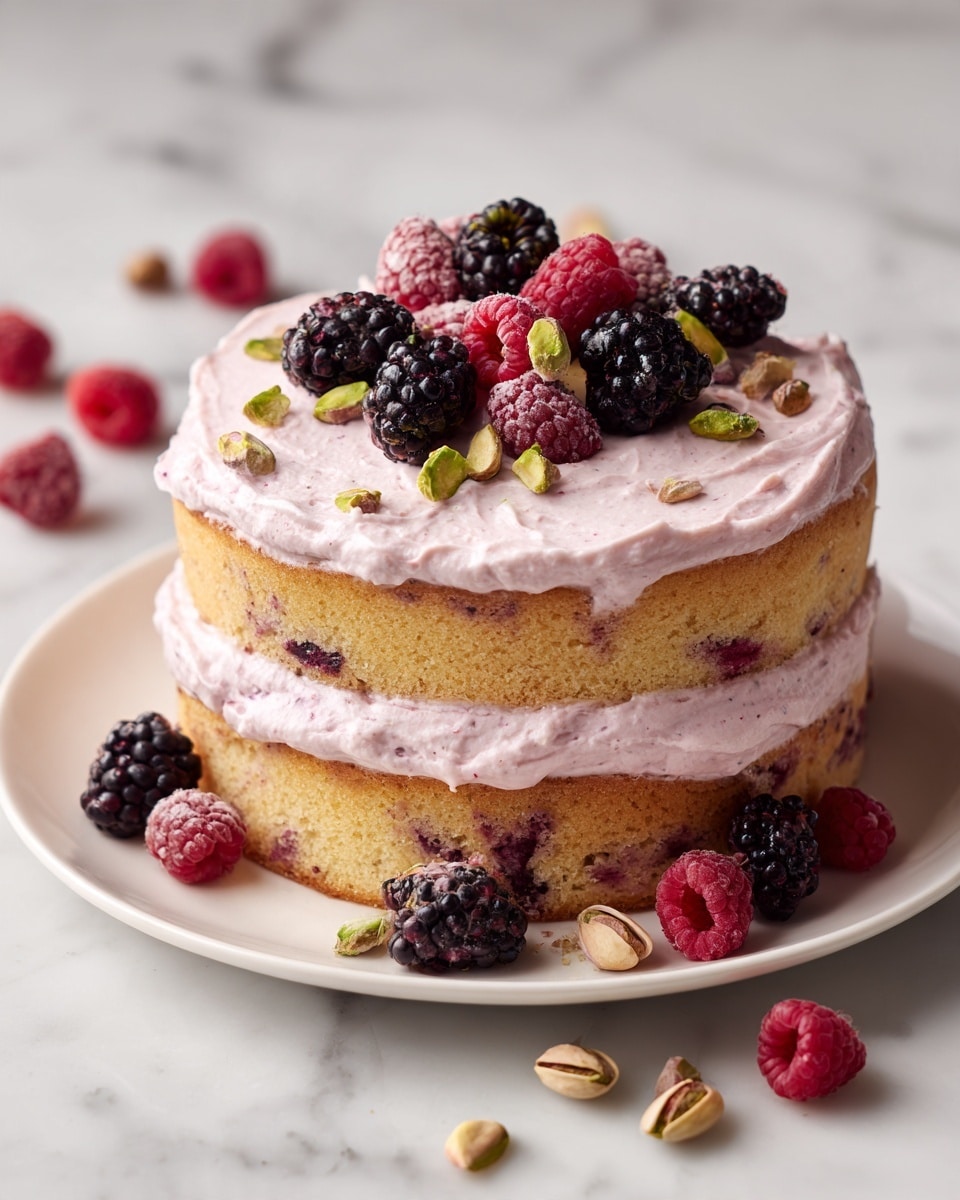 The image shows a two-layer cake on a white plate, sitting on a white marbled surface. The bottom layer is a golden-yellow sponge cake, topped with a thick layer of light purple cream mixed with dark berry jam, spread unevenly. The middle layer is another golden-yellow sponge cake, covered with a lighter purple whipped cream layer. On top of the cake, there is a mix of fresh blackberries, raspberries, and pistachio nuts scattered. Some berries and pistachios also rest on the white plate around the cake. Photo taken with an iphone --ar 4:5 --v 7