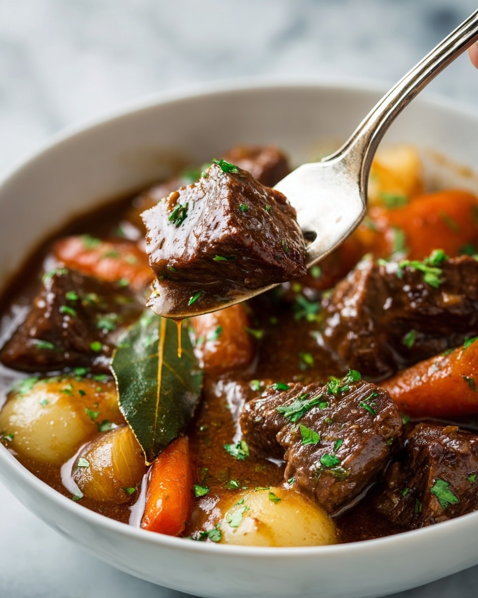The image shows a close-up of a white bowl filled with thick beef stew. The stew has visible layers including dark brown chunks of beef, light orange carrot pieces, creamy white potato cubes, and small pearl onions, all mixed in a rich, glossy brown sauce. A large green bay leaf floats on the surface, and finely chopped green herbs are sprinkled on top. A silver fork is holding a cube of beef above the bowl, and the background is a white marbled texture. photo taken with an iphone --ar 4:5 --v 7