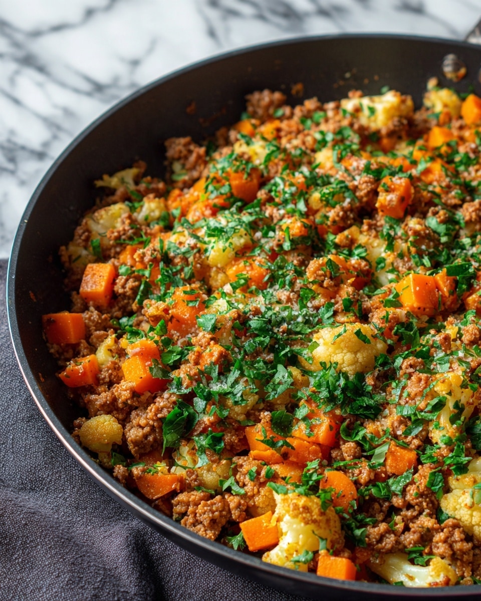 The image shows a close-up of a black pan filled with a cooked mixture that has three main layers of ingredients: small pieces of ground meat in a rich brown color, light cooked cauliflower florets, and bright orange cubes of carrots scattered throughout. The dish is topped with a generous sprinkle of fresh, chopped green herbs. The background is a white marbled texture with a dark cloth beneath the pan. The colors and textures make the meal look hearty and fresh. photo taken with an iphone --ar 4:5 --v 7