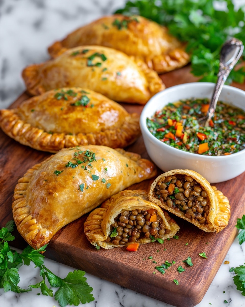 The image shows four golden-brown baked empanadas on a wooden board, three whole and one cut in half to reveal a thick filling of cooked lentils mixed with small pieces of orange and red vegetables. The empanadas have crimped edges and are sprinkled with tiny green herb bits on top. Next to them is a small white bowl filled with a green sauce containing visible chopped herbs and red chili pieces, with a silver spoon inside. Fresh green parsley leaves are scattered on the wooden board around the empanadas and bowl. The background is a white marbled texture. photo taken with an iphone --ar 4:5 --v 7