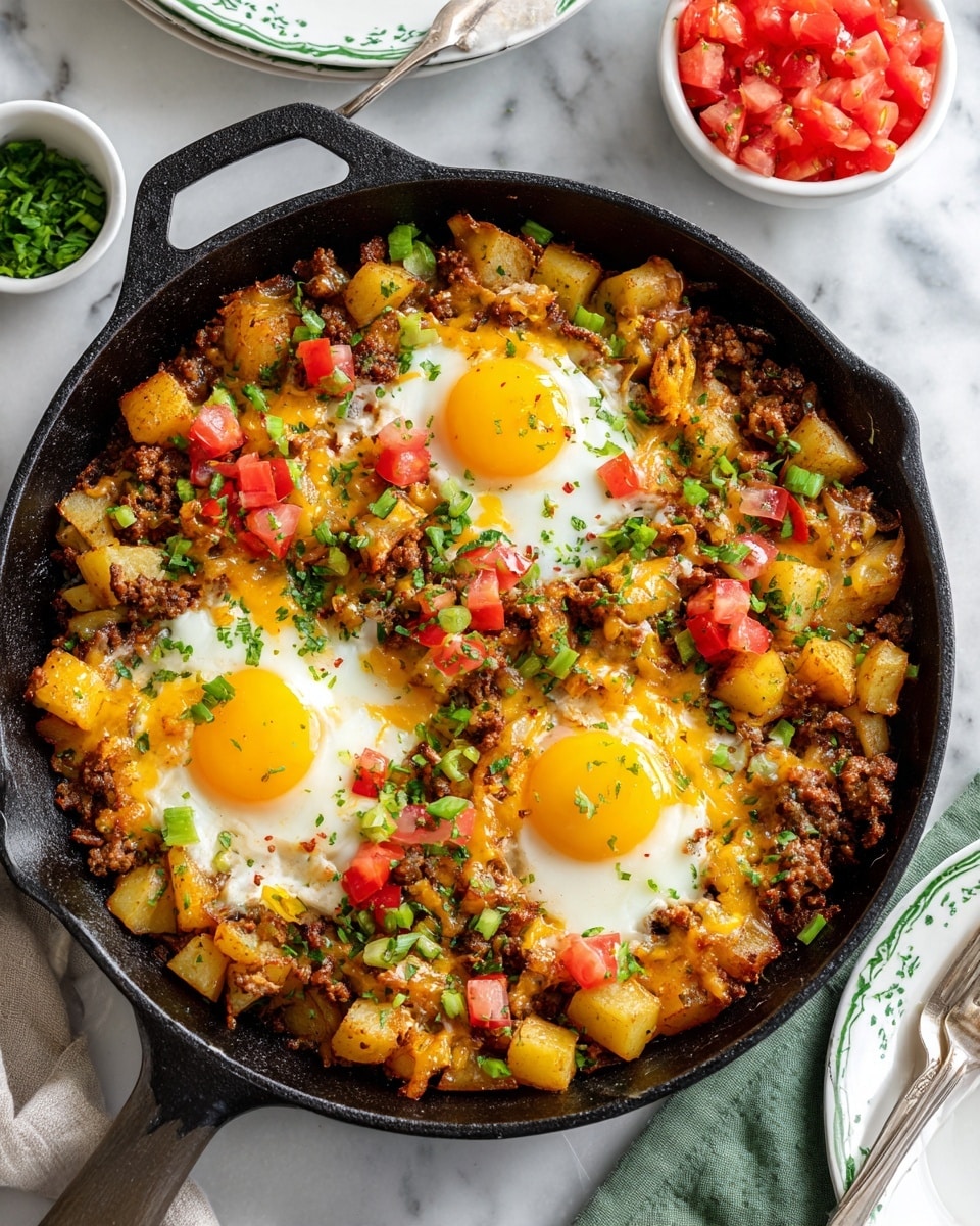 A black cast iron skillet filled with a dish that has two sunny-side-up eggs with bright yellow yolks near the center, surrounded by browned cooked ground meat, chunks of cooked potatoes, diced green vegetables, and small red tomato pieces scattered on top. The ingredients look slightly mixed but still layered, with melted cheese creating a light orange and white texture in some spots. Small green herb bits are sprinkled over the dish. The skillet is placed on a white marbled surface, with a white bowl of diced tomatoes on the left and a white plate with green trim on the right. Photo taken with an iphone --ar 4:5 --v 7