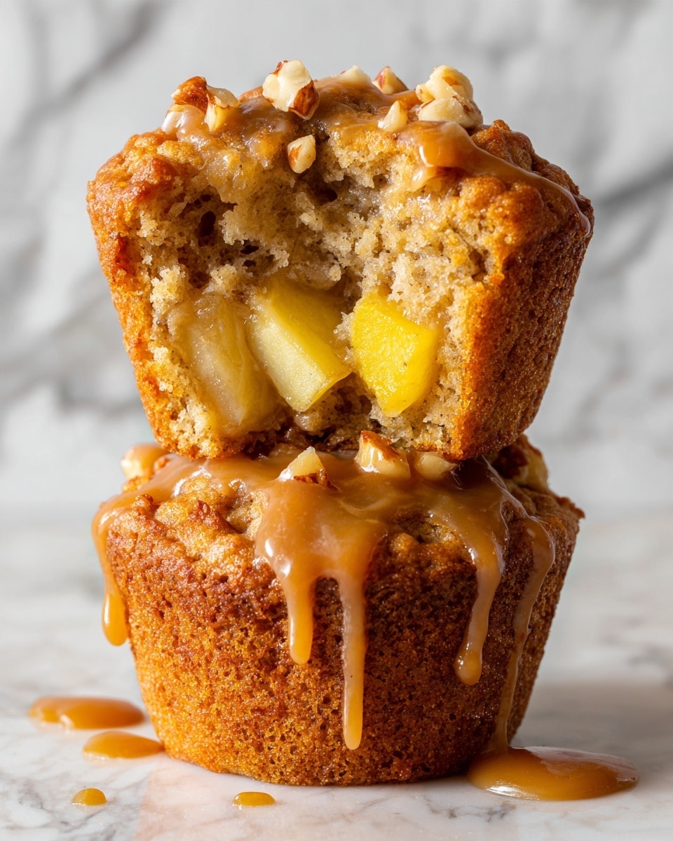 The image shows two caramel apple muffins stacked, with the top muffin broken open to reveal its inside. The outer layer is golden brown with a soft, crumbly texture. Inside, there are chunks of yellow apple pieces mixed into the light, fluffy muffin base. The broken top is covered in a shiny, thick caramel sauce that drips down the sides and pools slightly, with small bits of nuts scattered on top. The background has a white marbled texture. photo taken with an iphone --ar 4:5 --v 7