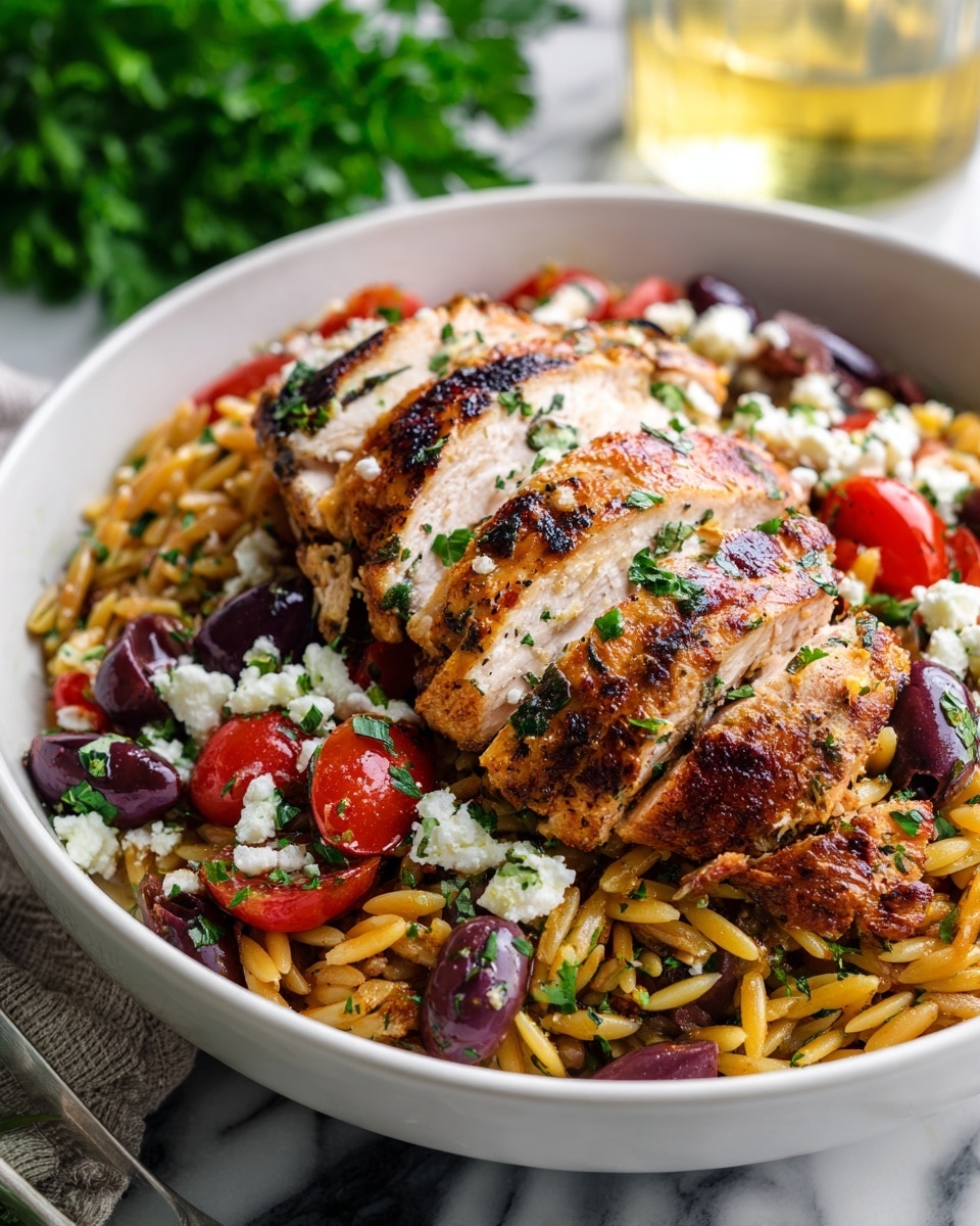 A white bowl filled with a layered dish starting with a base of golden brown orzo pasta mixed with dark purple olives, green herbs, and halved red cherry tomatoes, showing a mix of smooth and slightly grainy textures. On top, there is a layer of sliced grilled chicken breast with a browned, slightly crispy skin and tender white meat inside, arranged neatly and sprinkled with small white crumbles of cheese and chopped green herbs. The bowl rests on a white marbled surface, with a blurred green parsley sprig in the background and a glass of light golden liquid partially visible. Photo taken with an iphone --ar 4:5 --v 7