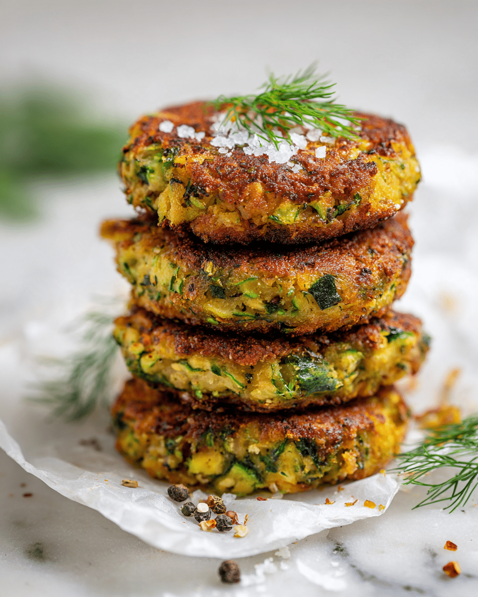 A stack of four golden-brown veggie patties sits on a piece of white parchment paper over a white marbled surface. Each patty shows a mix of green bits of herbs and vegetables with a crispy, crunchy texture on the outside. The top patty is garnished with a sprig of fresh green dill and a few grains of coarse salt. Scattered around are small dill leaves and black pepper flakes, adding contrast to the warm earthy colors of the patties. Photo taken with an iphone --ar 4:5 --v 7