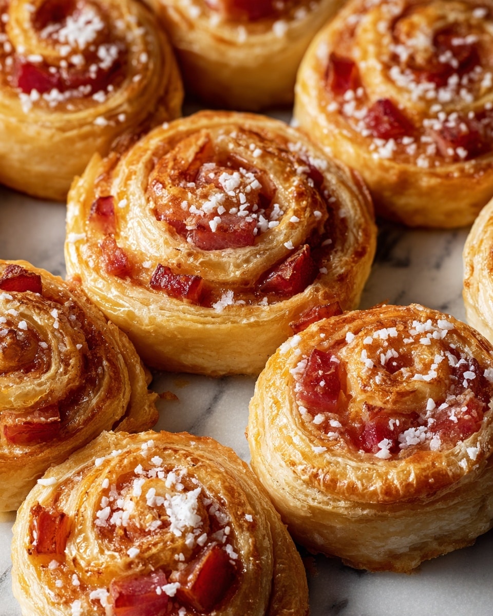 The image shows close-up of three cinnamon roll-like pastries on a white marbled surface, each with a golden brown crust. Each roll is filled with chunks of reddish-pink fruit and topped with coarse white sugar crystals and a shiny glaze, giving a slightly sticky and glossy look. The rolls have multiple visible swirled layers of dough around the fruit filling, creating a spiral pattern. Photo taken with an iphone --ar 4:5 --v 7