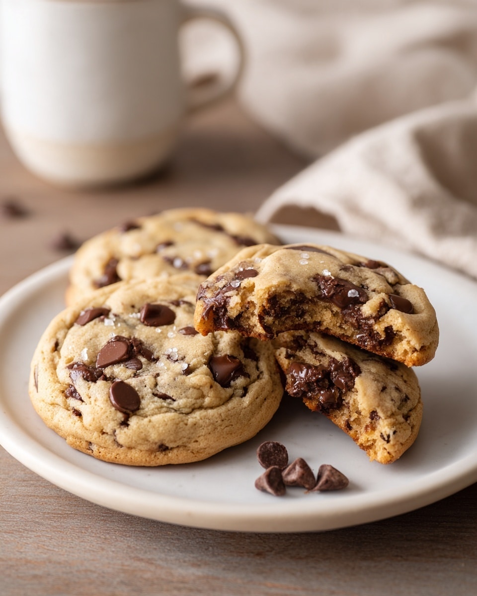 A white speckled plate holds four thick, golden brown chocolate chip cookies with a slightly cracked texture on top. Two cookies are whole, while two are stacked and broken in half, revealing a soft, moist inside filled with many dark chocolate chips. Small grains of sea salt are sprinkled on the cookie tops. The plate sits on a white marbled surface with a beige textured cloth and a white mug blurred in the background. photo taken with an iphone --ar 4:5 --v 7