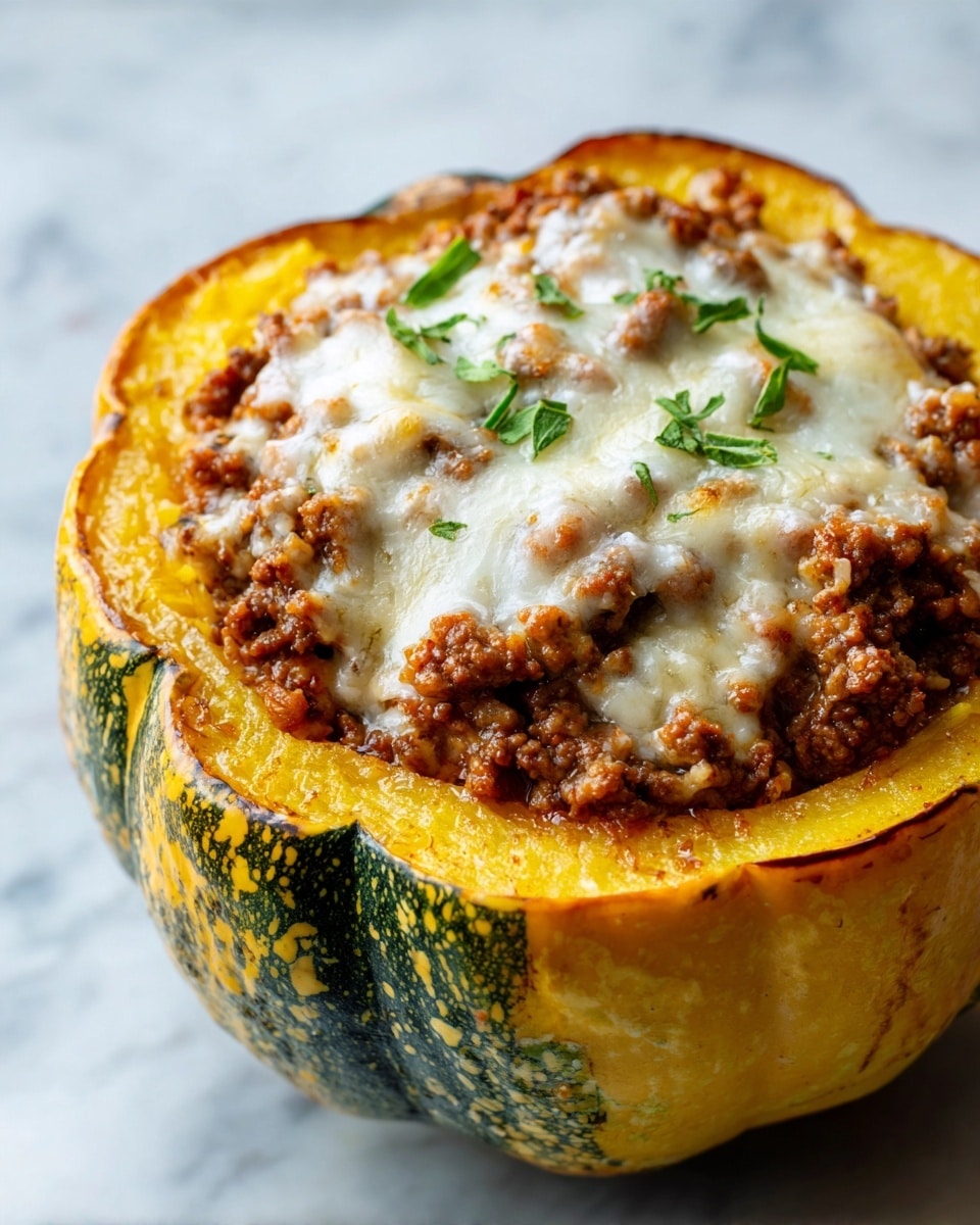 A halved acorn squash with bright yellow flesh serves as the base layer, filled with a mix of cooked ground meat and vegetables that add a brown and green color. The top layer is melted cheese, white and creamy, covering the filling, with small green herb leaves scattered on it for a fresh touch. The squash sits on a white marbled surface, angled slightly to show the texture inside. Photo taken with an iphone --ar 4:5 --v 7
