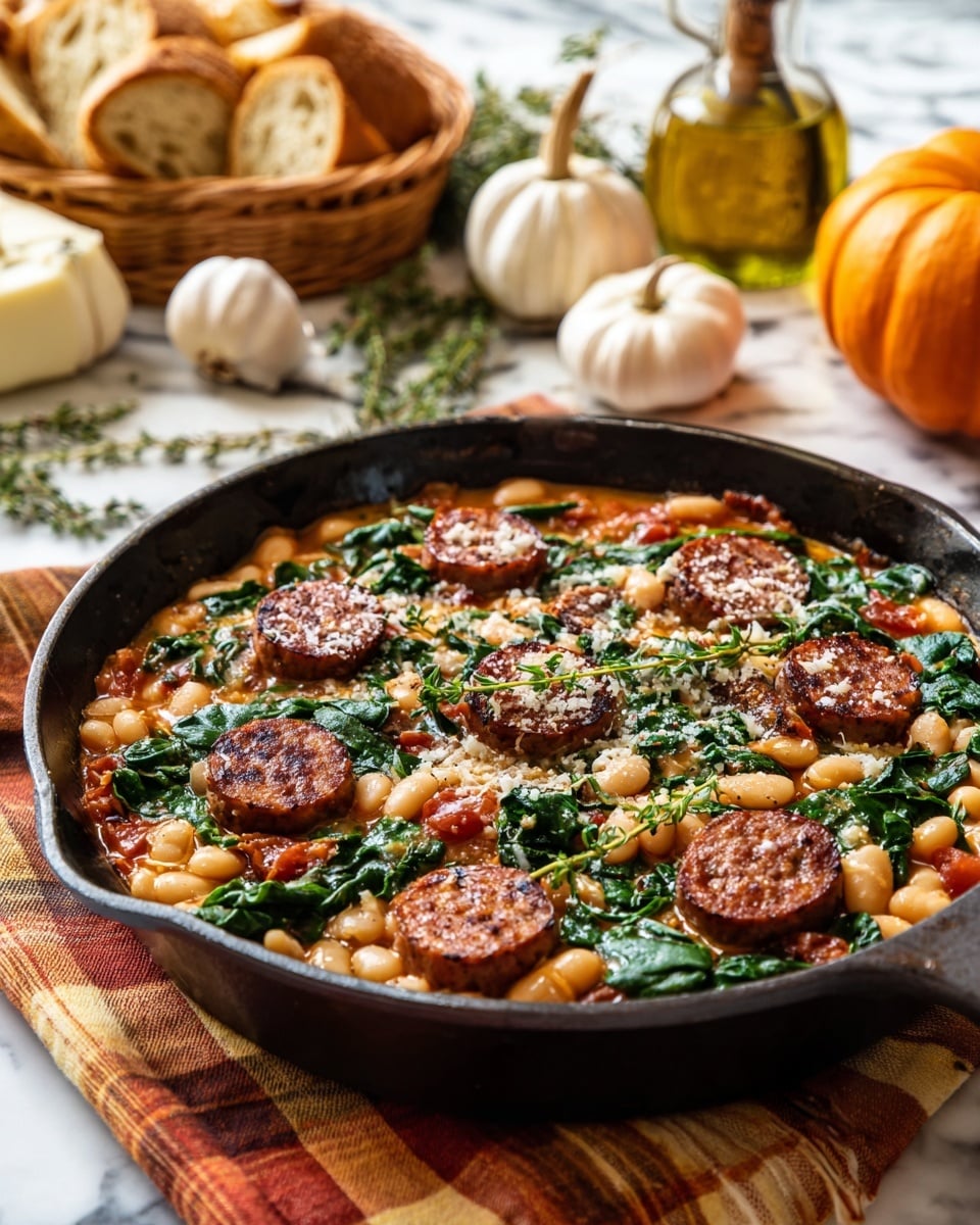 A black skillet filled with a layered dish starting with white beans and chopped stewed tomatoes in a sauce base, topped with bright green wilted spinach, and scattered slices of browned sausage with grill marks. The dish is finished with small bits of grated cheese and sprinkled black pepper, garnished with fresh green thyme sprigs. In the background, there is a basket with slices of bread, a garlic bulb, an oil bottle, and a small pumpkin on a white marbled surface. The skillet rests on a plaid cloth with warm orange and brown tones. Photo taken with an iphone --ar 4:5 --v 7