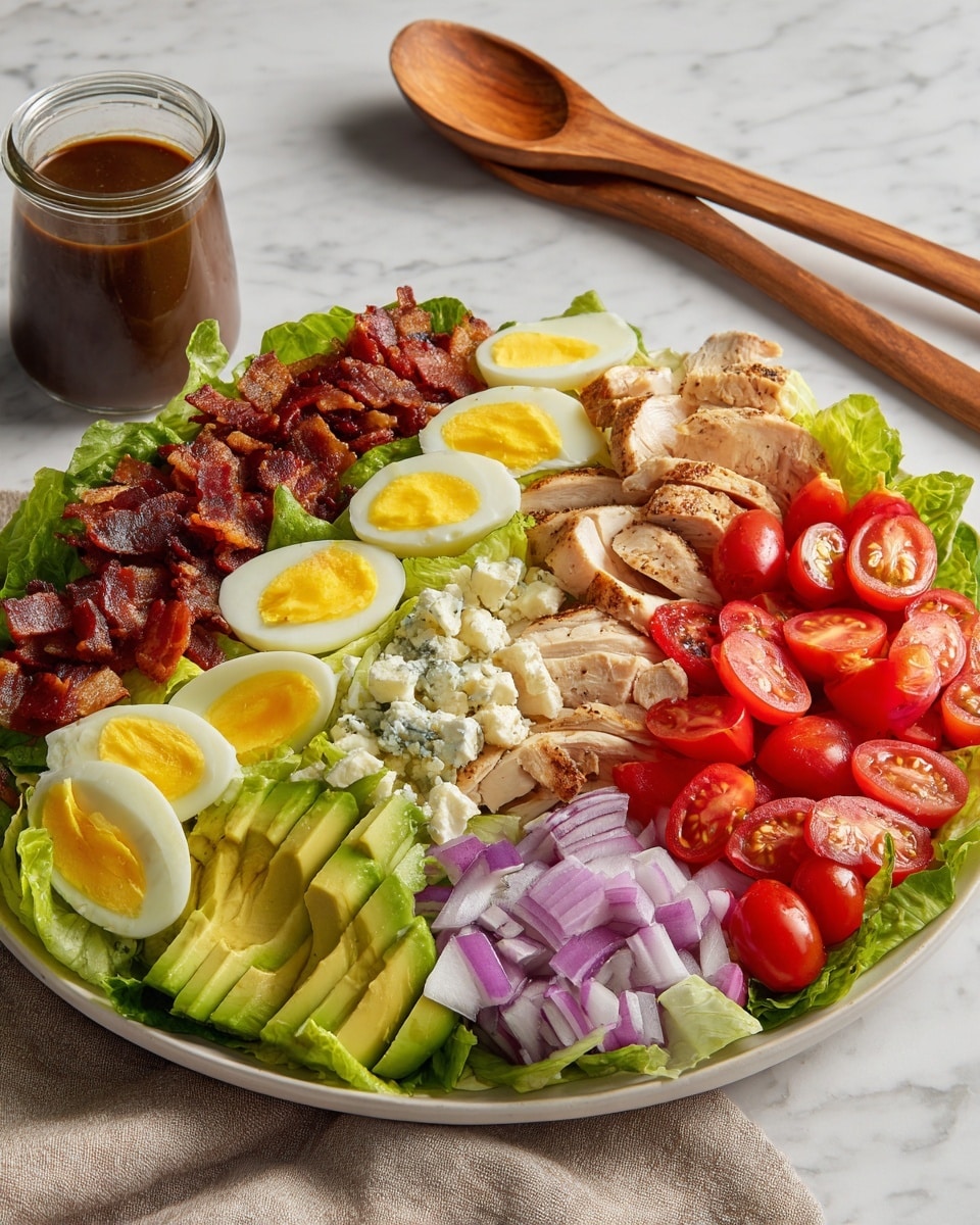 A large white plate holds a Cobb salad arranged in neat rows on a bed of green lettuce leaves. From left to right, the layers include crispy dark red-brown bacon bits, pale yellow chopped hard-boiled eggs with bright yellow yolks, sliced light green avocado, halved red cherry tomatoes, crumbled white cheese, thin slices of red onion, and sliced golden brown cooked chicken breast. The food is fresh and colorful, with each ingredient clearly visible and neatly placed. In the background on a white marbled surface, there is a wooden spoon and a small glass jar filled with dark brown dressing. photo taken with an iphone --ar 4:5 --v 7