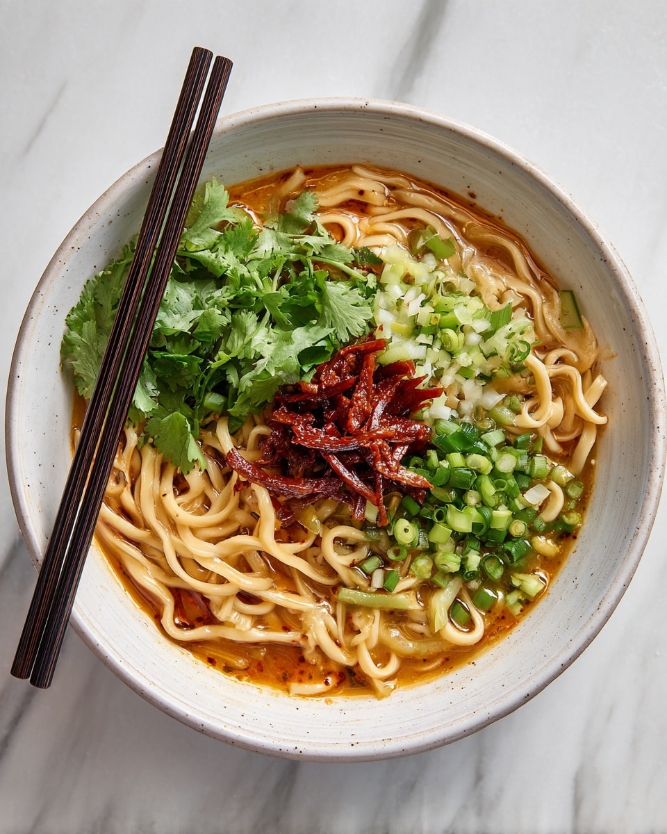 The dish is a bowl of thick, slightly twisted noodles in a light brown sauce covering most of the bowl’s interior, which is white with a rough texture. On top, there are three main layers of toppings: bright green fresh cilantro on the left side, finely chopped green onions in the middle, and small diced pickles or cucumbers on the right side. In the center, there is a layer of reddish-brown cooked meat strips resting on the noodles. A pair of dark wooden chopsticks rests on the left edge of the bowl. The bowl sits on a white marbled surface. Photo taken with an iphone --ar 4:5 --v 7