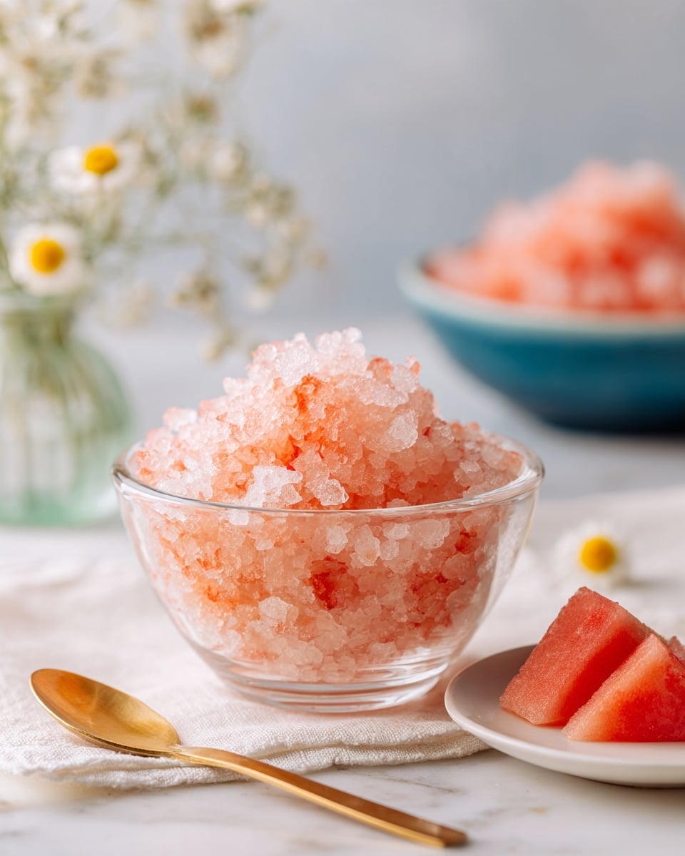A clear glass bowl filled with a piled mound of pink and light orange crushed ice granita sits on a white cloth on a white marbled surface. The crushed ice has a rough, crystalline texture with a mix of translucent pink and pale orange colors. In front of the bowl is a gold spoon resting on the white marbled surface. To the right and slightly out of focus is a white plate holding a few triangular slices of pink watermelon. In the background, there is a blurred blue pan filled with more pink and orange crushed ice granita, and some small white and yellow flowers in a clear glass vase. The scene is bright and fresh. photo taken with an iphone --ar 4:5 --v 7
