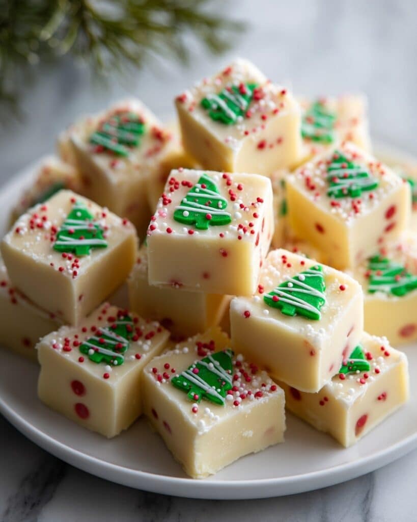 Christmas Cheesecake Bites with Green Tree Drizzle and Sprinkles Recipe