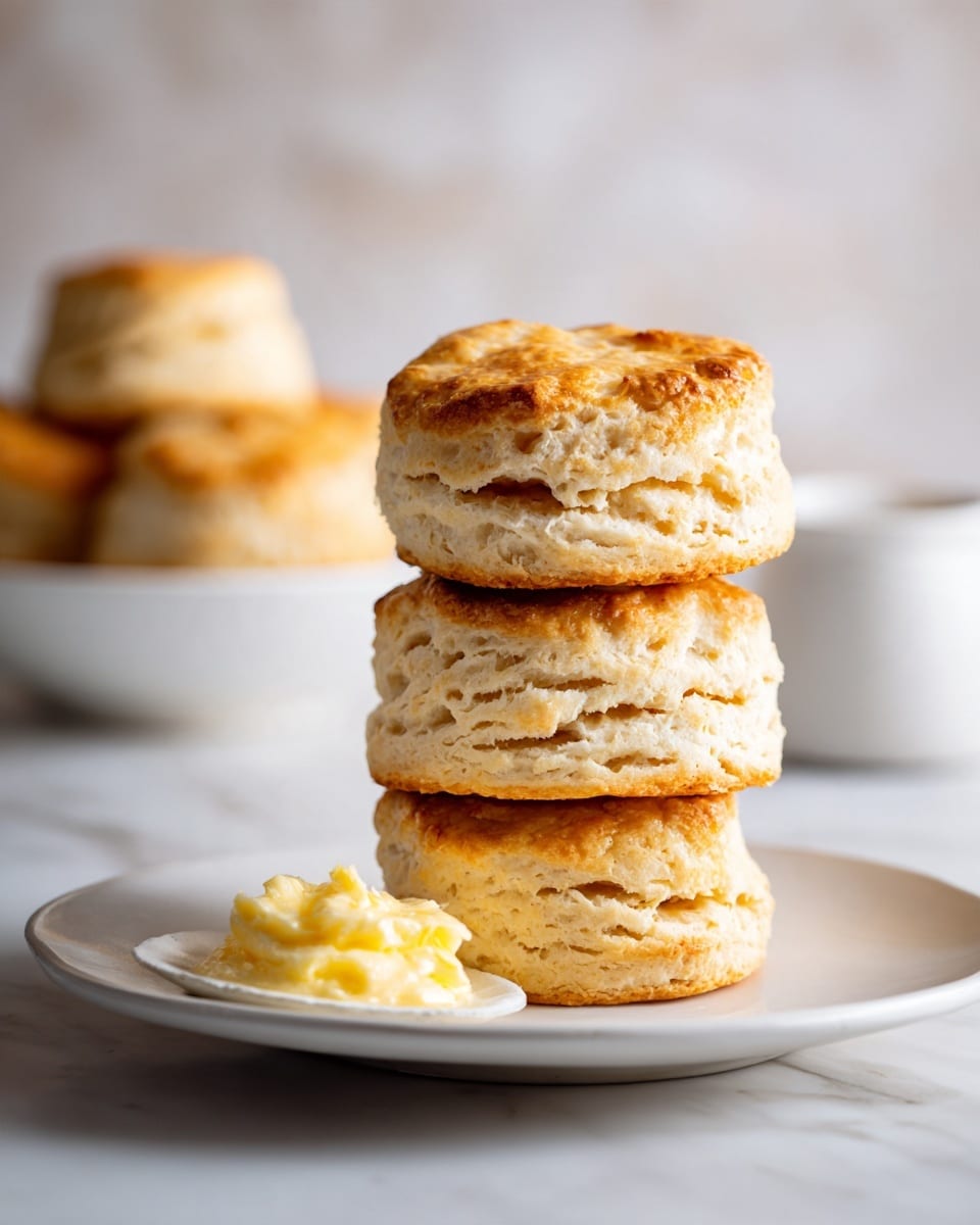 A stack of five thick, golden-brown biscuits with a crumbly texture are placed one on top of the other on a white plate. Each biscuit shows soft layers and a slightly flaky surface with a warm, toasted color. The plate sits on a wooden board over a white marbled surface. In the background, there is a blurred white bowl containing more biscuits and a glass of dark-colored jam, with a woman's hand holding a utensil faintly visible. A piece of butter is placed in the foreground blurred, adding a soft yellow tone to the image. photo taken with an iphone --ar 4:5 --v 7