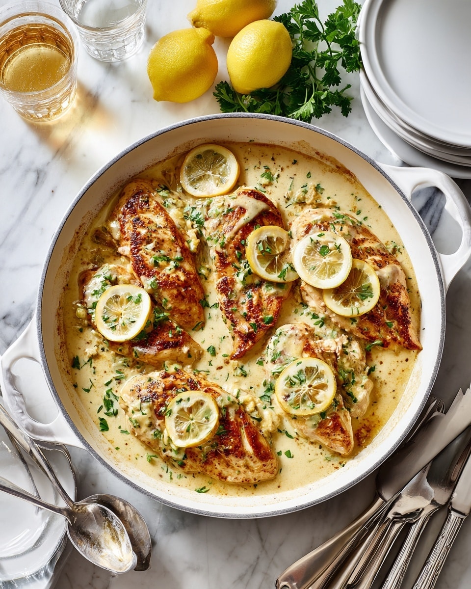 The image shows a white metal pan filled with five pieces of golden-brown cooked chicken breast layered evenly, each piece topped with a creamy, light beige sauce with green herb bits. Thin yellow lemon slices are placed on top of the chicken and embedded slightly in the sauce. The pan rests on a white marbled surface with two halved lemons and parsley leaves placed above the pan. A stack of white plates with silver forks and a knife is visible at the bottom right, along with a glass containing a golden-colored drink on the left. The bright natural light highlights the texture of the creamy sauce and the slight charring on the lemon slices and chicken skin. Photo taken with an iphone --ar 4:5 --v 7