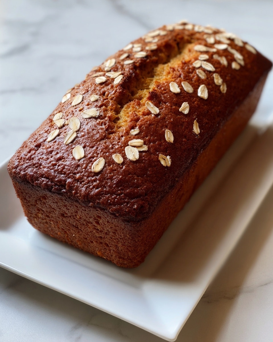 A rectangular loaf of bread with a dark golden-brown crust is topped with scattered light beige oat flakes. The crust has a textured, slightly rough surface with a deep central crack revealing a lighter, bubbly interior underneath. The loaf sits on a clean, white square plate placed on a white marbled texture surface. photo taken with an iphone --ar 4:5 --v 7