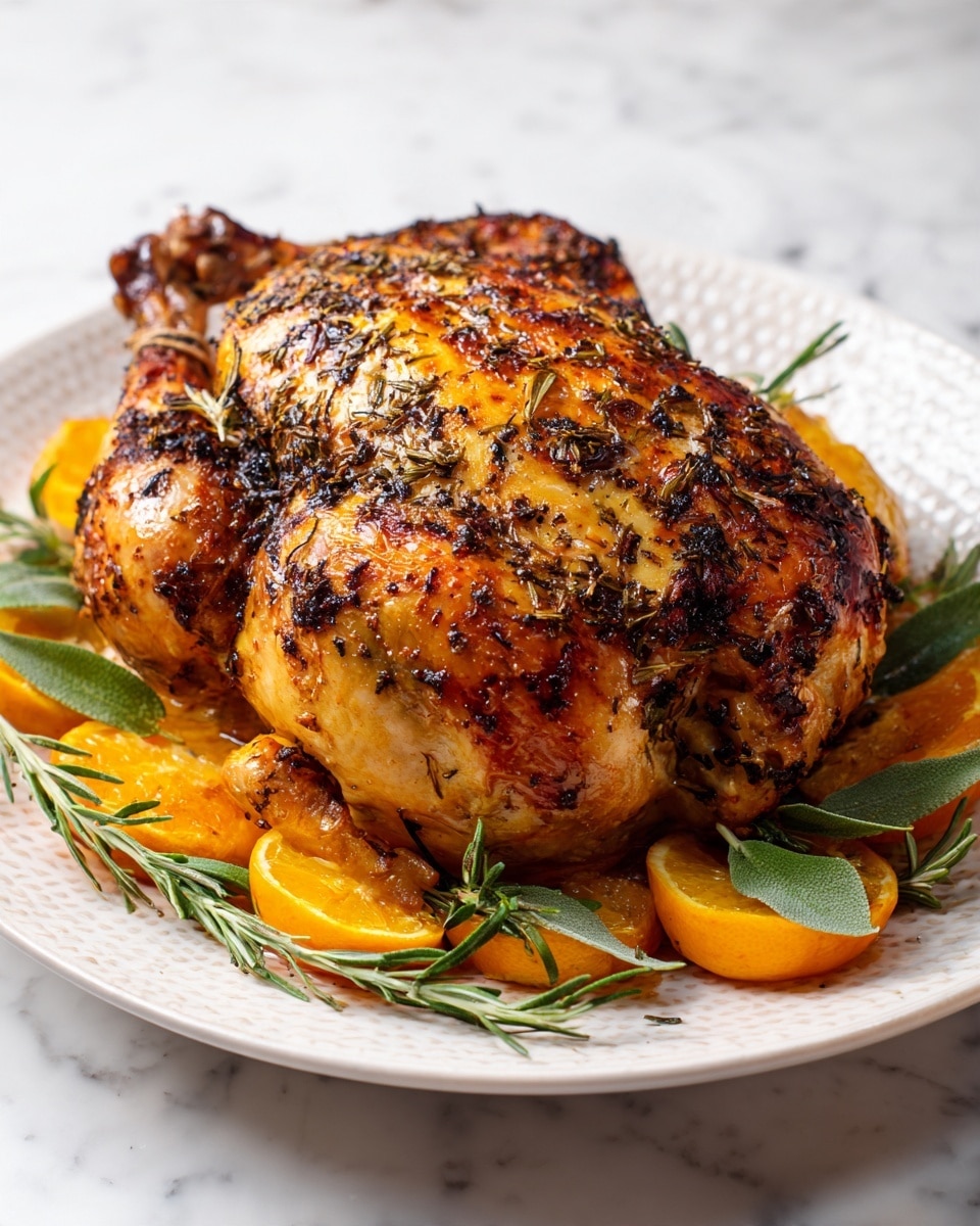 A whole roasted chicken with golden-brown crispy skin speckled with herbs sits in the center of a white plate. The bird is tied at the legs with twine and surrounded by bright orange orange halves with a juicy texture, fresh green bay leaves, and sprigs of rosemary placed around the base. The background features a soft white marbled texture, adding a clean, elegant look to the scene. photo taken with an iphone --ar 4:5 --v 7
