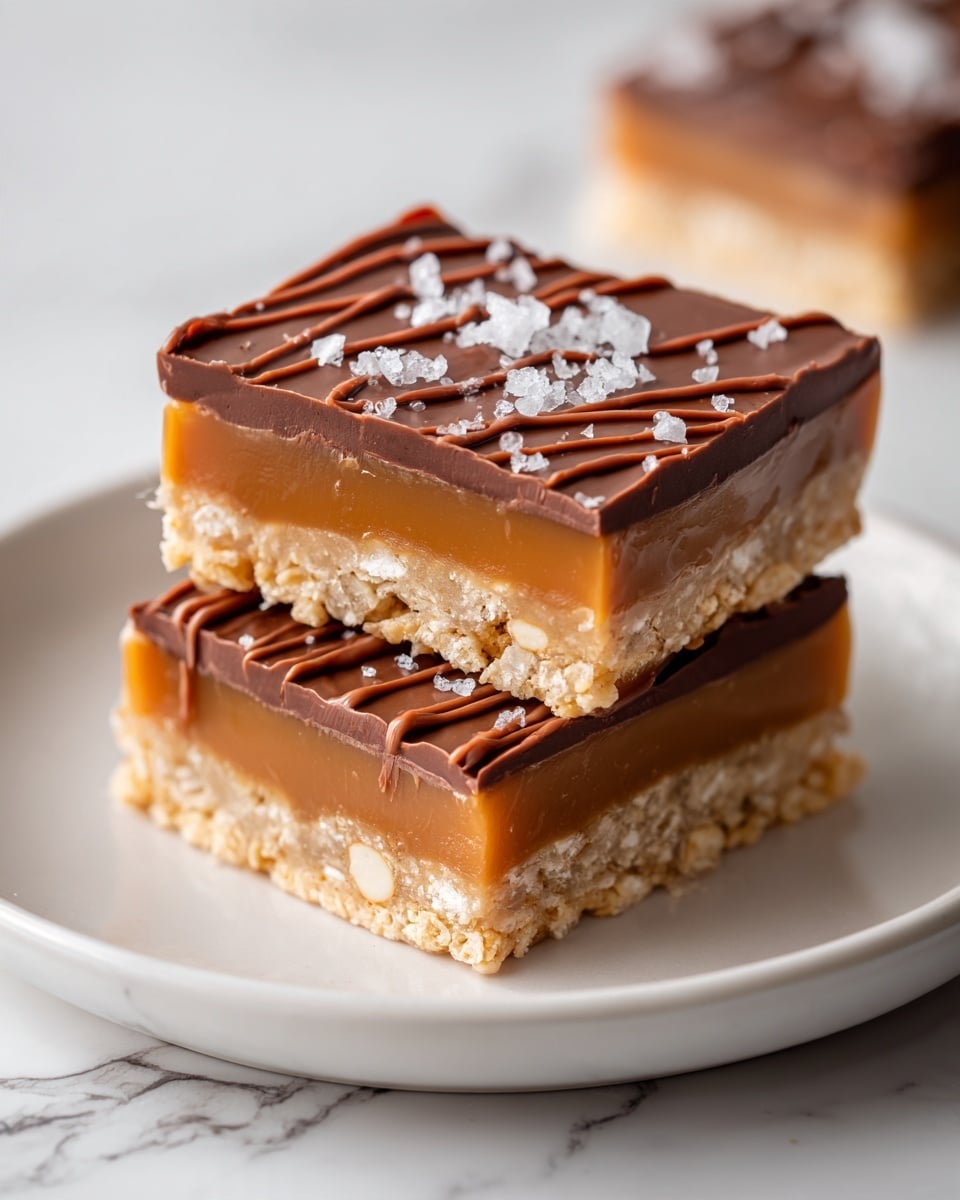 The image shows two stacked dessert bars on a white plate, placed on a white marbled texture. Each bar has three main layers: the bottom and middle layers are crispy and golden with a mixture that looks like puffed rice and nuts, the middle and top layer is a thick, smooth caramel with a light brown color, and the top layer is a shiny dark chocolate sheet drizzled with lighter milk chocolate lines. Scattered on the very top are large crystals of coarse sea salt, adding texture and contrast. The bars appear rich and sweet with a crunchy base and smooth, glossy top. Photo taken with an iphone --ar 4:5 --v 7