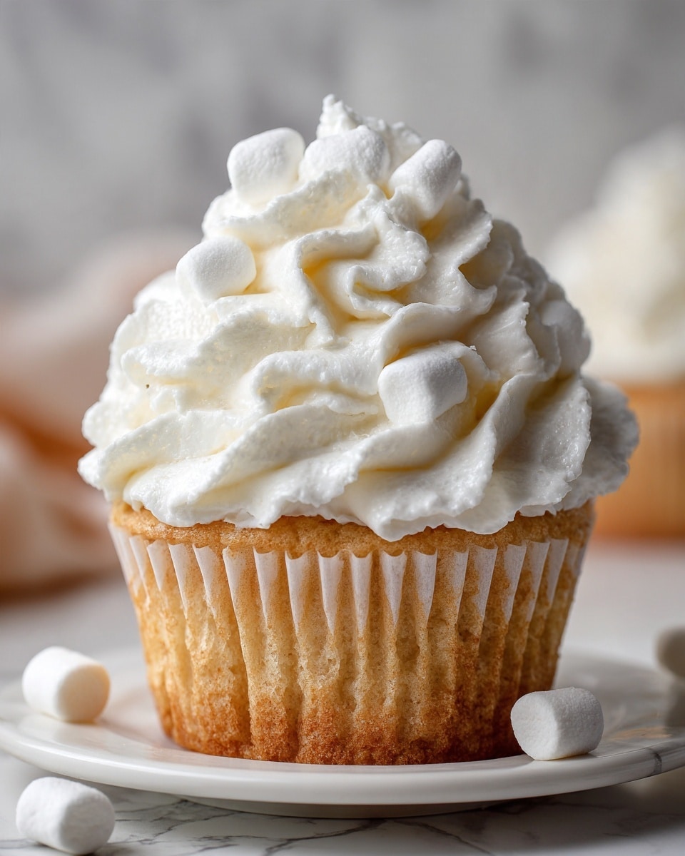 A close-up of a cupcake with one visible layer of golden brown cake at the bottom, topped with a generous swirl of white whipped cream frosting that has a soft and fluffy texture. On the top left side of the frosting are three small, white, cylindrical marshmallows nestled into the cream. The cupcake rests on a white plate with a smooth surface, set against a white marbled background, showing a warm and inviting dessert. photo taken with an iphone --ar 4:5 --v 7