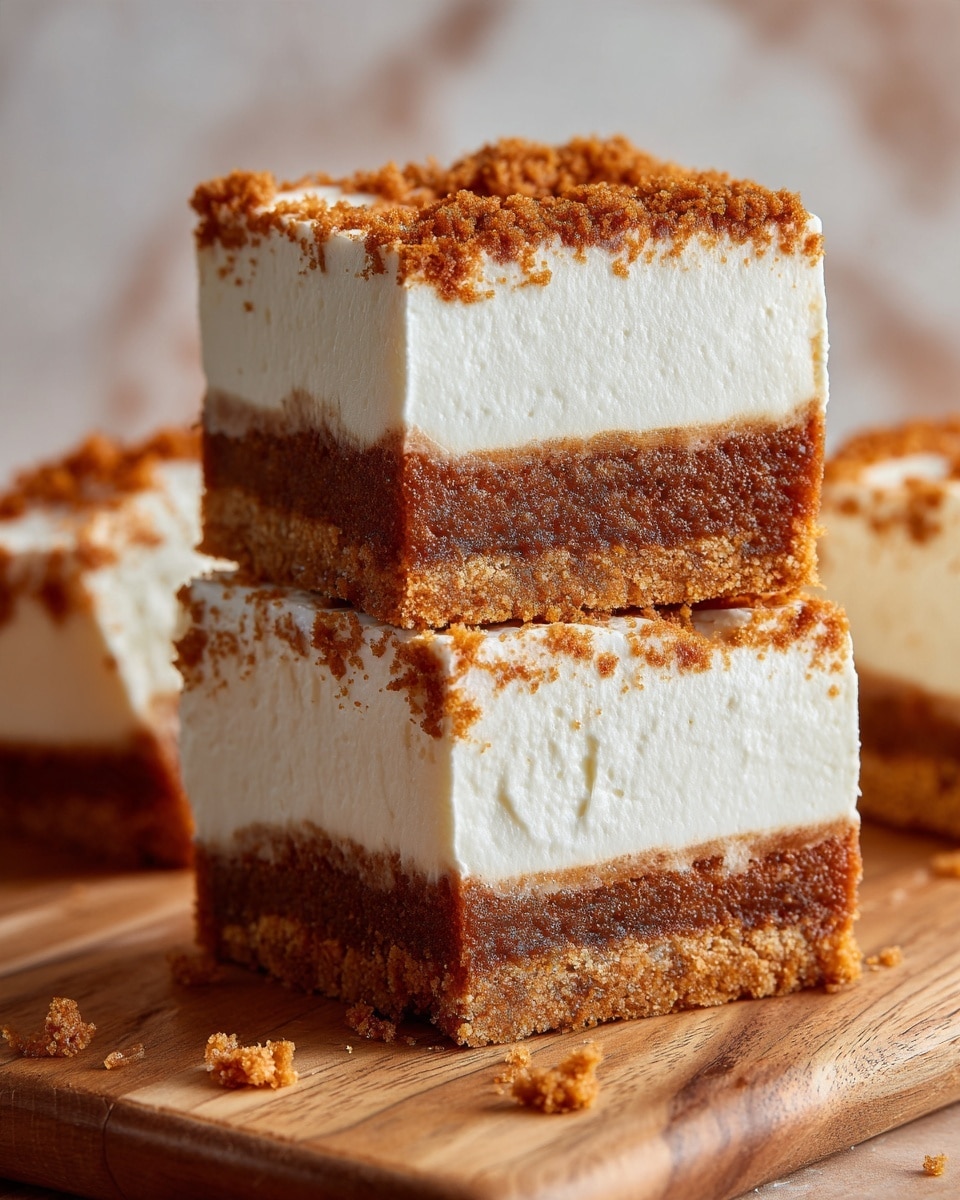 A close-up view of a stack of dessert bars showing three layers: the bottom layer is a dense, moist brown cake-like base; the middle layer is a thick, creamy white filling with a smooth texture; and the top layer is a crumbly, slightly rough, golden-brown crust. The dessert bars are arranged on a wooden surface with a focus on the top piece, making the layers and textures clear and distinct, all set against a soft, blurred plain background. photo taken with an iphone --ar 4:5 --v 7