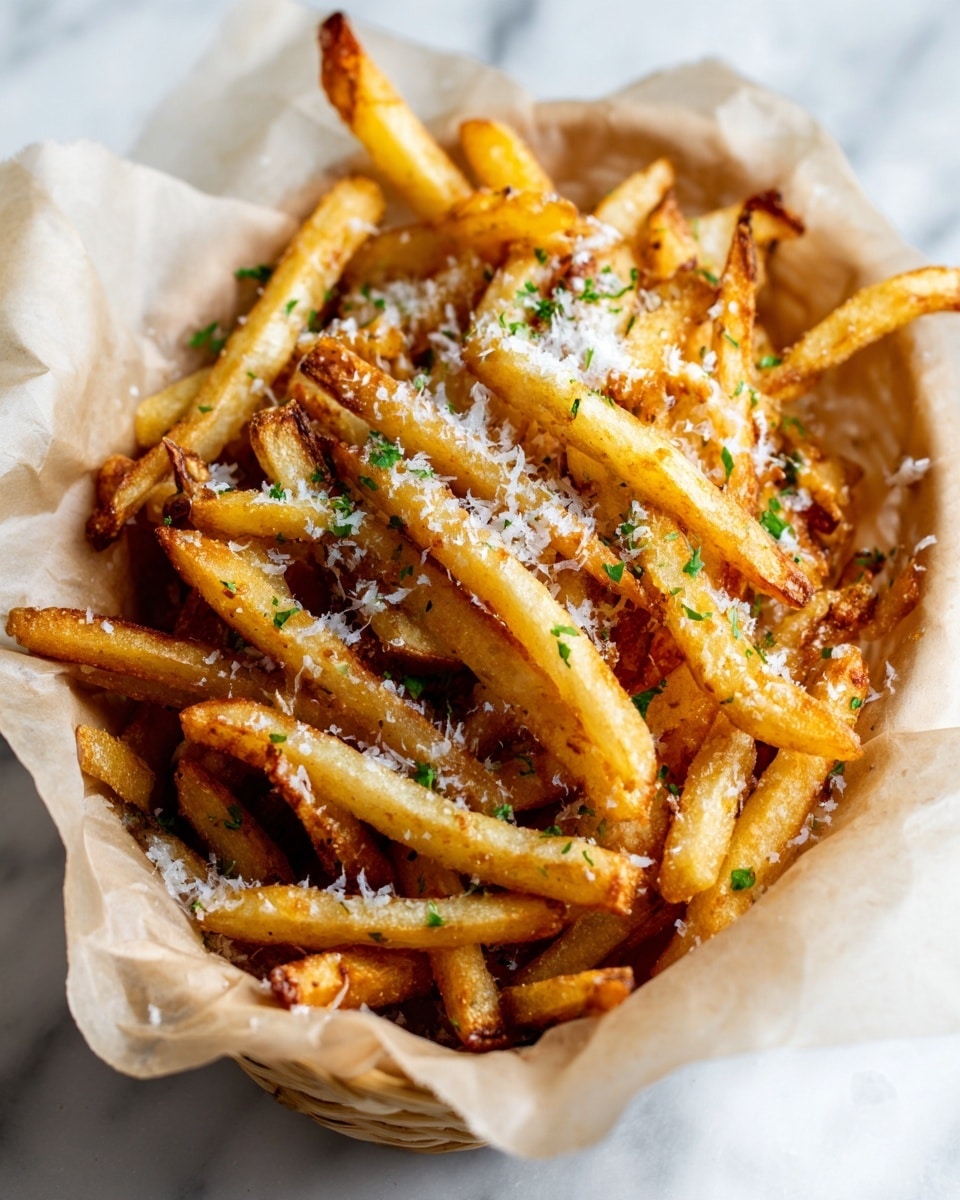 A wooden bowl lined with parchment paper holds a large pile of crispy French fries. The fries are golden yellow with some darker browned edges, giving a crunchy texture. They are sprinkled with white grated cheese and chopped fresh green herbs, likely parsley, unevenly spread across the fries. The bowl sits on a white marbled surface. photo taken with an iphone --ar 4:5 --v 7