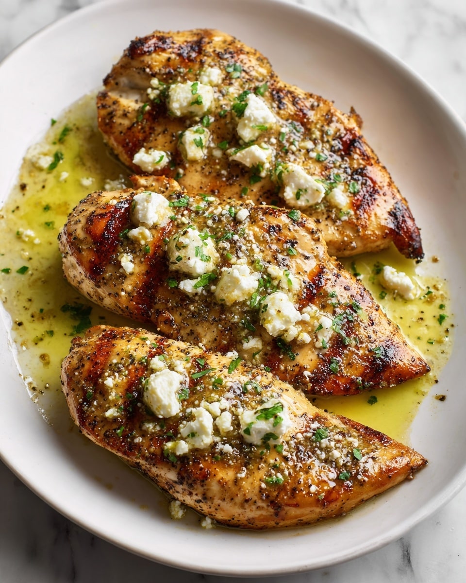 The image shows a cooked chicken breast sliced into thick pieces, laid out on a white plate. The chicken has a golden brown, slightly charred crust with visible black pepper and herbs on top. Crumbled white cheese with bits of green herbs is sprinkled over the chicken slices. Around the chicken, there is a drizzle of olive oil with small bits of herbs and spices, creating a glossy texture. The background is a white marbled surface. Photo taken with an iphone --ar 4:5 --v 7