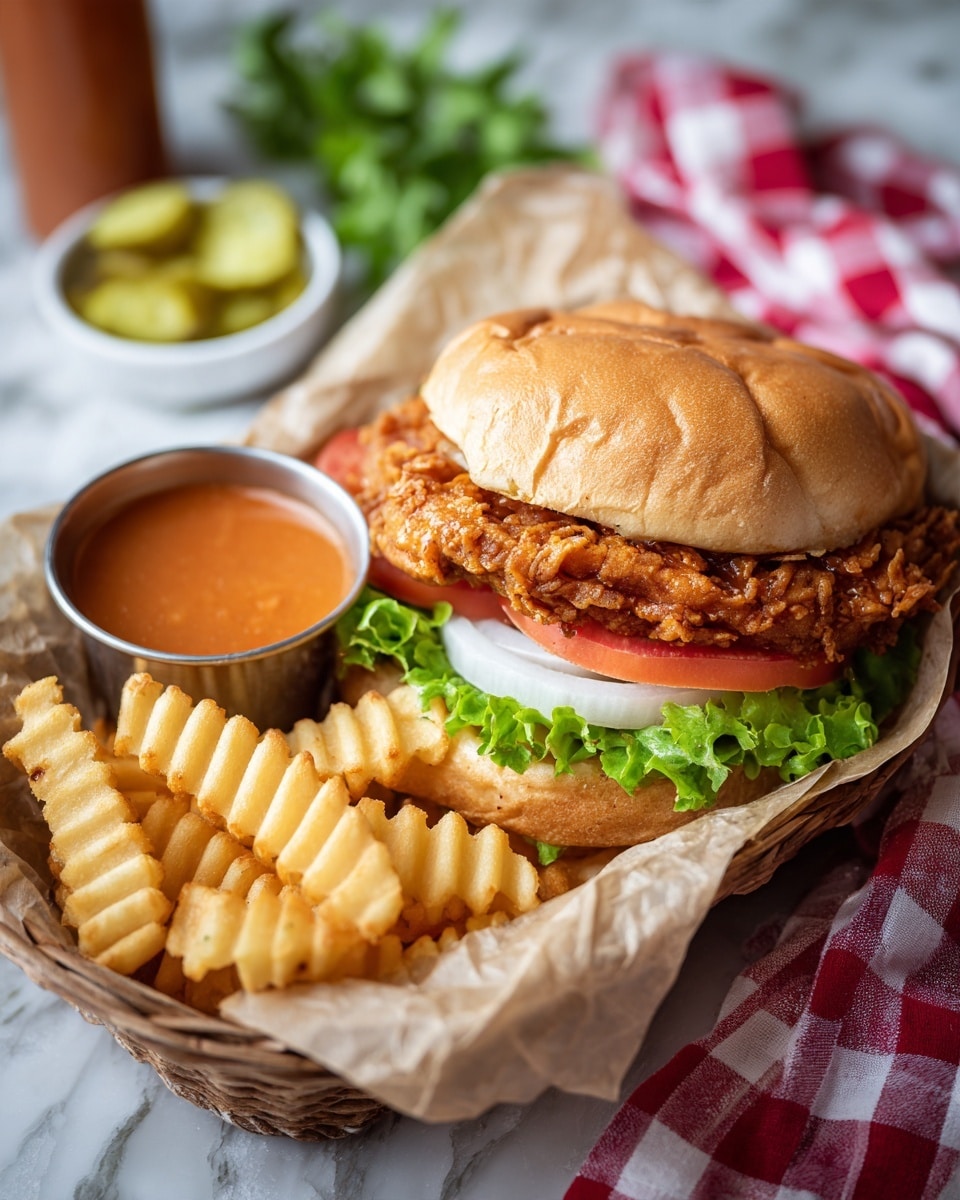 A fried sandwich is cut in half and placed in a white container lined with brown paper, showing layers inside with a golden crispy fried outer coating, a slice of red tomato, and green lettuce. Next to it are waffle fries with a crinkled texture, golden and crispy. There is a small round metal cup filled with a reddish-orange dipping sauce on the top right. On the right side, fresh green lettuce leaves, a thick slice of red tomato, and white onion rings add color. The container sits on a white marbled surface with scattered fries nearby and a red and white checkered cloth on the left. Photo taken with an iphone --ar 4:5 --v 7