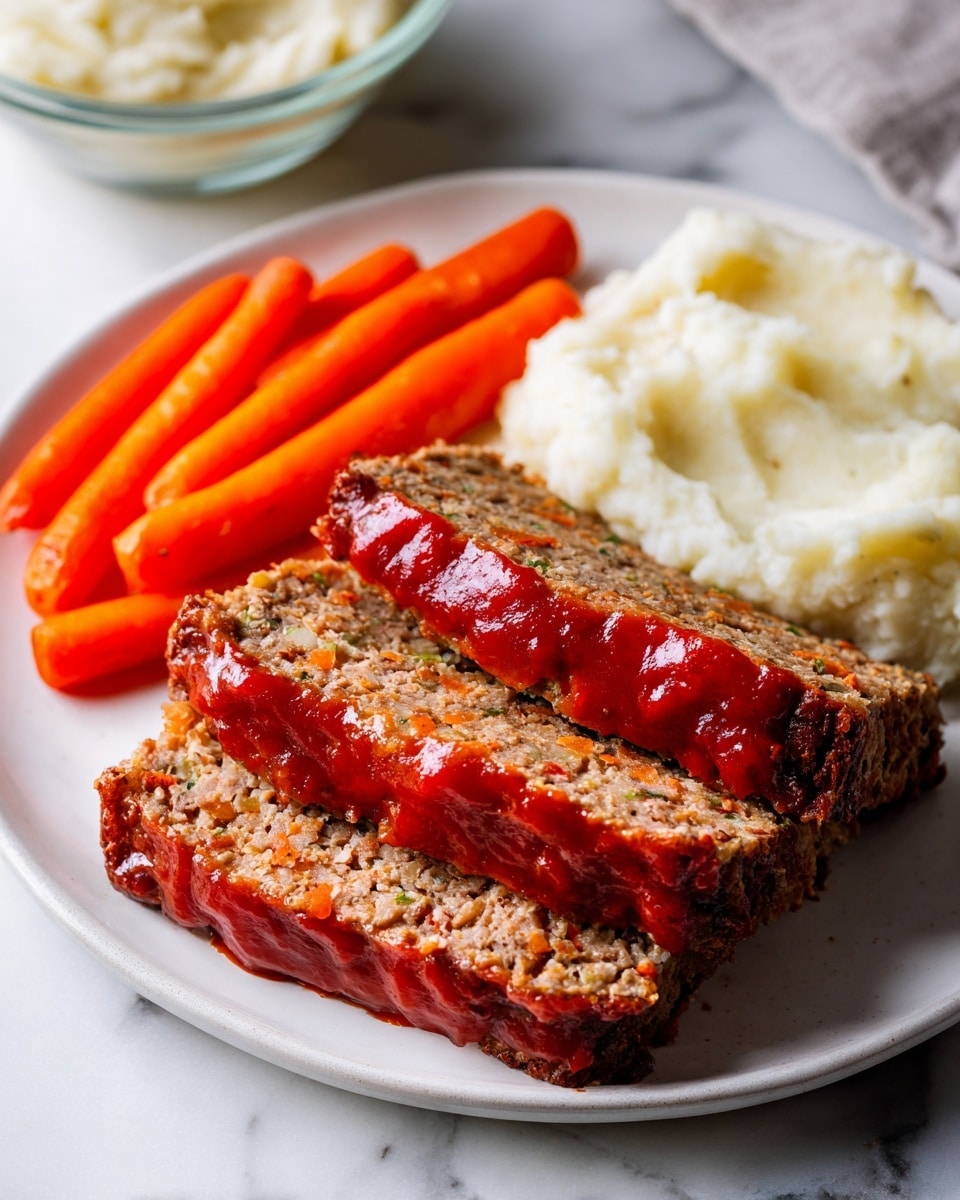 A white plate holds three thick slices of meatloaf stacked slightly overlapping, each slice showing a textured inside with bits of vegetables and a glossy red sauce spread thickly on top. To the left of the meatloaf is a neat row of bright orange cooked baby carrots, smooth and shiny. On the right side of the plate is a fluffy mound of creamy white mashed potatoes with a soft texture. The plate is placed on a white marbled textured surface, with a small glass bowl containing extra mashed potatoes visible in the top left corner. photo taken with an iphone --ar 4:5 --v 7