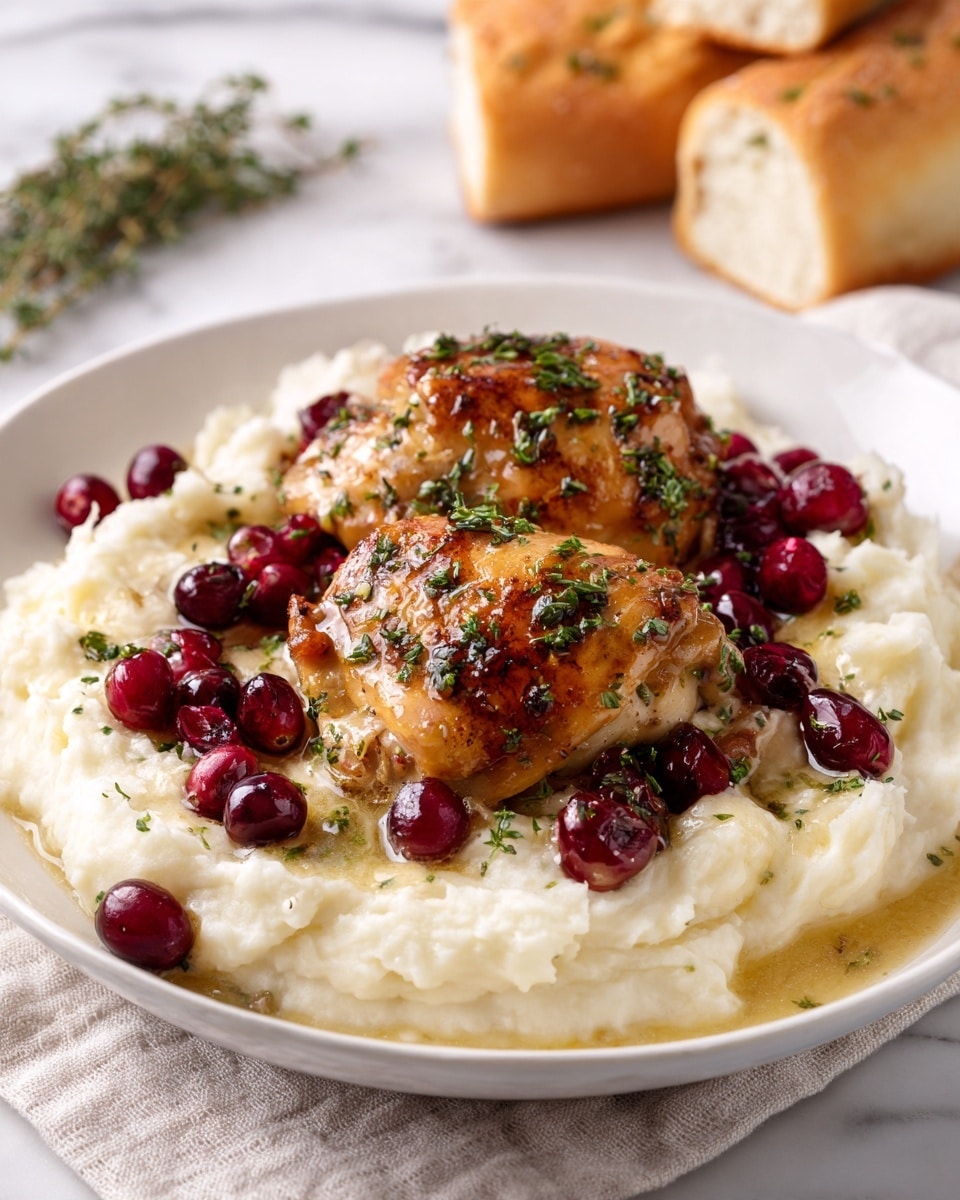 A white plate holds a creamy layer of smooth, pale mashed potatoes spread evenly across the bottom. On top, there are two pieces of glazed chicken thighs with a shiny, browned surface, seasoned with small green herb bits. Bright red cranberry-like fruits scattered over and around the chicken add a splash of color and contrast. In the background, a piece of baguette and some green herbs are softly out of focus. The whole dish is placed on a white marbled surface with a cloth underneath, giving a cozy and fresh look. Photo taken with an iphone --ar 4:5 --v 7