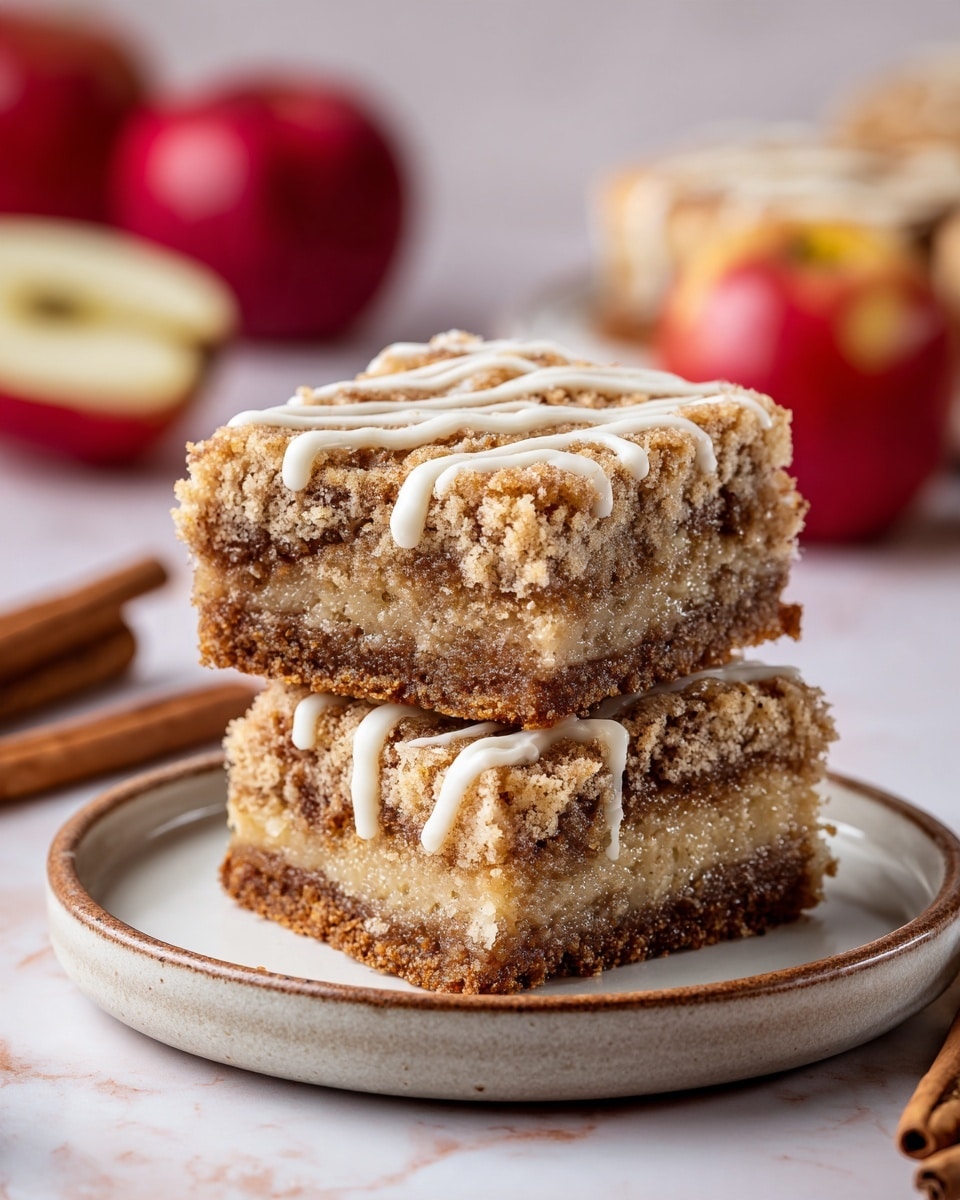 Two square pieces of crumbly brown cake stacked on a white plate with a thin gold rim, each piece showing three layers: a dark moist bottom cake layer, a middle gooey brown filling with bits of apple, and a crumbly on top layer with a light drizzle of white icing. The top piece has a bite taken from its corner, revealing the soft texture inside. In the background, blurred red apples sit in a wire basket on a white marbled surface. photo taken with an iphone --ar 4:5 --v 7