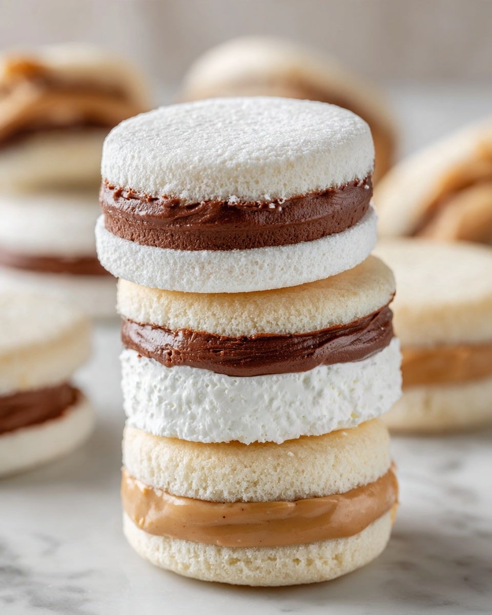 The image shows a stack of three tea sandwiches made with soft white bread cut into perfect circles. Each sandwich has two white bread layers with a thick middle layer of different spreads: the top sandwich has a rich, smooth dark brown chocolate spread; the middle one has a fluffy white marshmallow cream layer; and the bottom sandwich has a creamy, golden peanut butter filling. The bread texture looks soft and slightly spongy, and the sandwiches are neatly stacked on a white marbled surface, with a soft natural light. In the background, there are more sandwiches blurred out, giving a cozy, homemade feel. Photo taken with an iphone --ar 4:5 --v 7