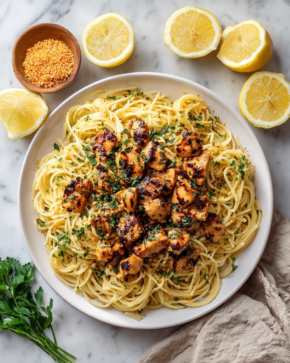 A large white shallow bowl holds a dish with two main layers: a base layer of light golden cooked spaghetti noodles, slightly glossy and thin, and a top layer of browned, grilled chicken pieces cut into bite-sized chunks scattered evenly across the noodles. The chicken pieces have a golden-brown sear with some darker grill marks, and the whole dish is speckled with finely chopped green herbs. Around the bowl, lemon wedges with bright yellow flesh and white rind sit on a white marbled surface, along with sprigs of fresh green parsley. In the background, a small white bowl contains a chunky, orange-colored dip or spread. Photo taken with an iphone --ar 4:5 --v 7