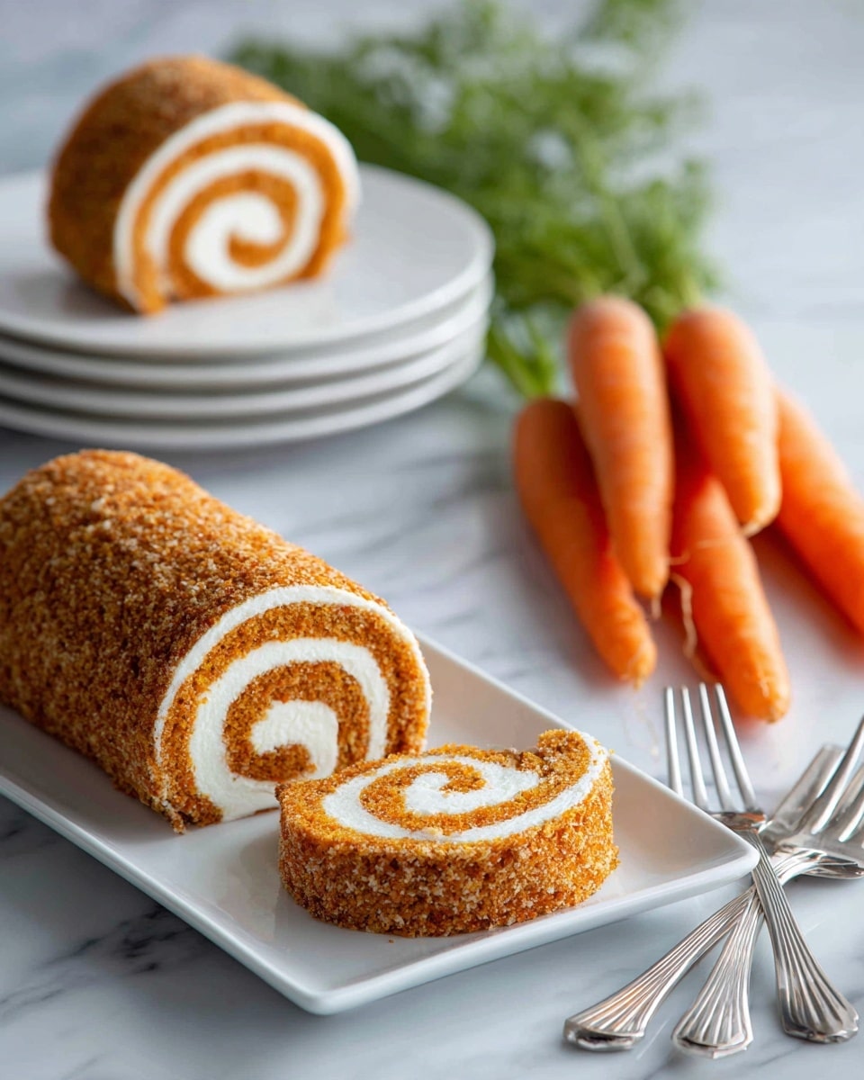 A white plate holds a rolled carrot cake roll with three slices neatly cut and laid flat, showing a spiral of light cream filling inside the golden-brown cake layer, which has visible small orange carrot bits. Nearby, two more slices of the same cake rest stacked on two white plates. To the right back, a small bunch of fresh, bright orange carrots with green tops leans against the plates. The whole scene is set on a white marbled surface with a silver fork and knife placed in the front corner. The cake roll is dusted lightly with powdered sugar, adding a soft white texture on its top. Photo taken with an iphone --ar 4:5 --v 7