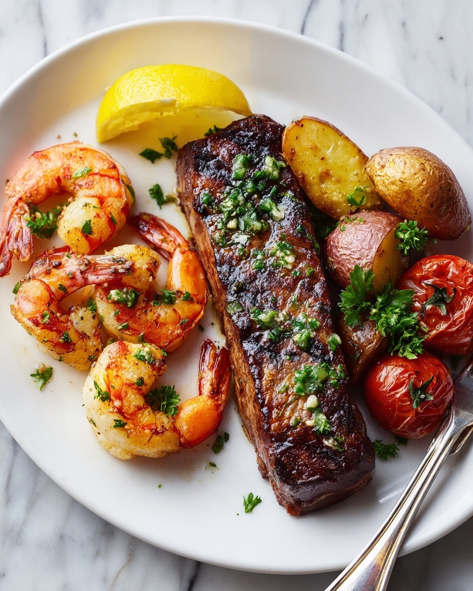 A white plate holds a thick, grilled steak as the bottom layer with visible char marks and a slightly shiny texture from juices. On top to the left, there are three pink-orange cooked shrimp sprinkled with green herbs. On the right side near the shrimp, there are red roasted potato pieces with a golden-brown crust and green parsley leaves placed on top. A slice of bright yellow lemon is tucked at the front next to the steak. A silver fork is placed at the bottom edge of the plate, resting partly on the lemon and plate. The background has a white marbled texture. photo taken with an iphone --ar 4:5 --v 7