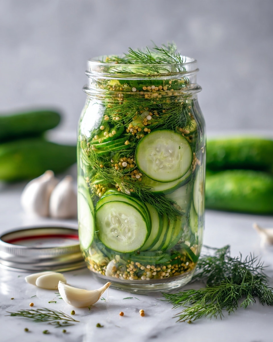 A clear glass jar filled with several layers of thick, green cucumber slices stacked vertically, mixed with light brown mustard seeds and sprigs of fresh green dill scattered throughout. There are also a few white garlic cloves visible inside the jar, which is filled with clear pickling liquid showing small bubbles. In the background, a white marbled surface holds a half-cut cucumber, some cucumber slices, a bunch of fresh dill, a garlic clove, and a silver jar lid placed to the side. photo taken with an iphone --ar 4:5 --v 7