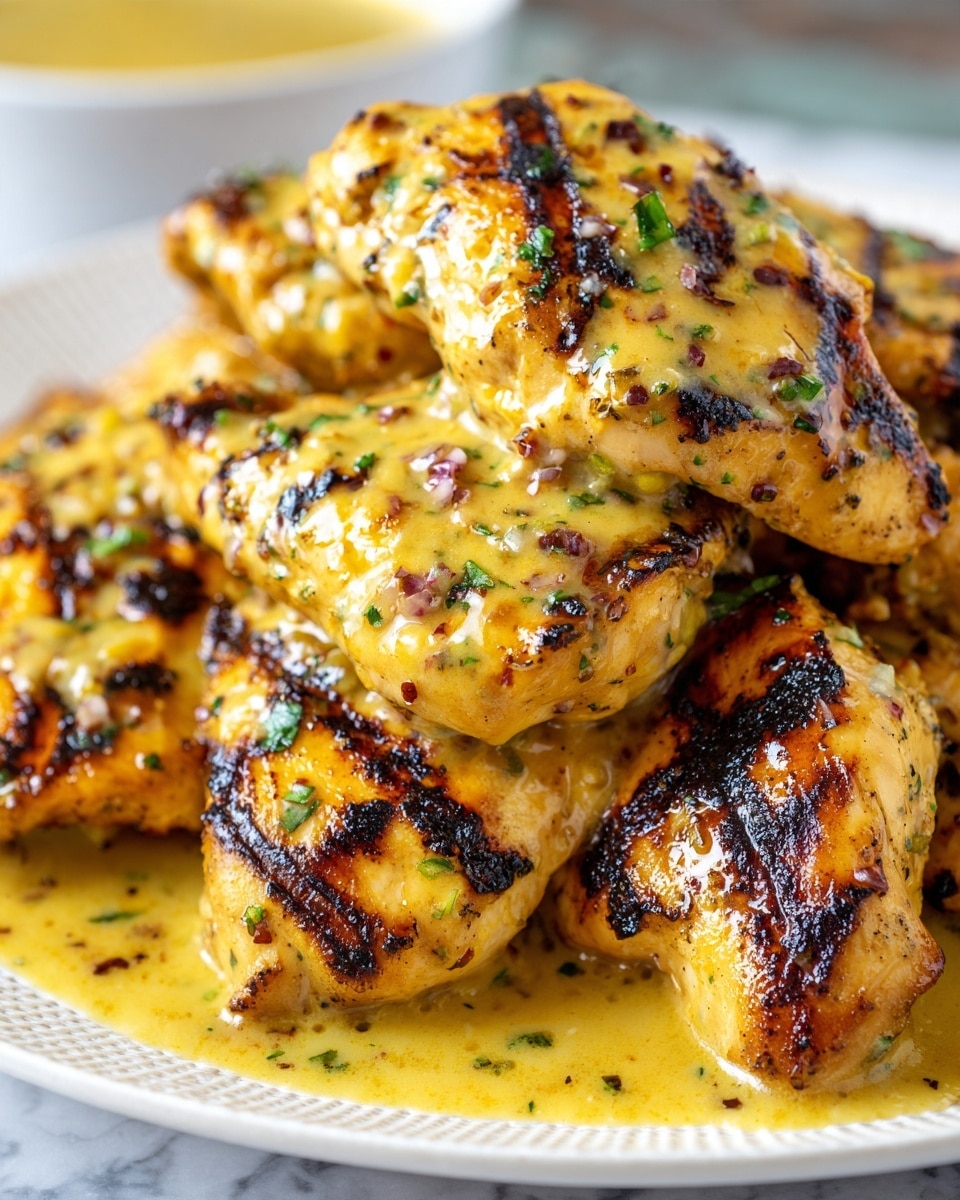 A white plate holds several pieces of grilled chicken with charred edges and a golden-brown color, each piece covered with a creamy, thick yellow sauce speckled with small bits of dark herbs or mushrooms. The chicken pieces have a slightly shiny, glazed look from the sauce, and some pinkish tones are visible on the meat. The plate is detailed with an embossed design on the rim, and the dish sits on a white marbled surface. photo taken with an iphone --ar 4:5 --v 7