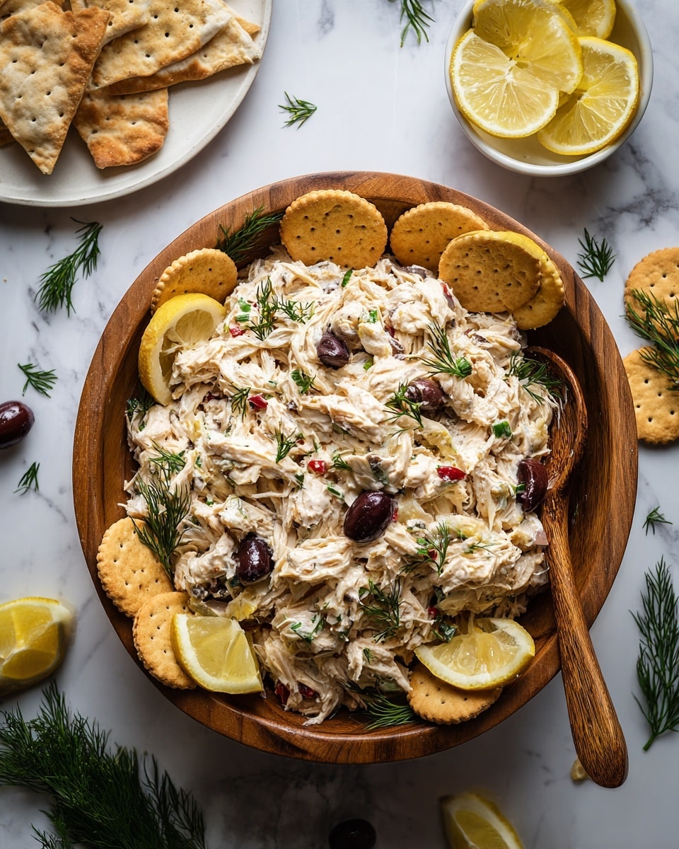 The image shows a round wooden bowl filled with a creamy chicken salad mixed with small black olives, red bits, and fresh green dill sprinkled on top. The salad is placed on top of round, light-brown crackers, which line parts of the bowl’s edge. There are three lemon wedges tucked into the left side of the bowl, adding a bright yellow contrast. Next to the bowl is a wooden spoon resting inside the salad. Surrounding the bowl on a white marbled surface, there is a white bowl with more round crackers, a white plate holding triangular flatbread pieces, and a white plate of lemon slices with green dots around the edge. Fresh dill sprigs are scattered nearby. photo taken with an iphone --ar 4:5 --v 7