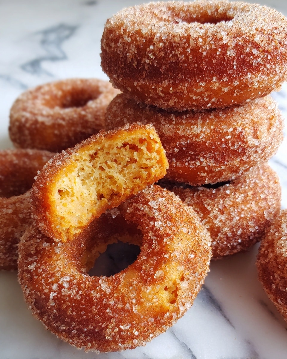 A close-up view shows a group of golden brown donuts coated fully with granulated sugar, stacked closely together on a white marbled surface. The front donut is in sharp focus with a bite taken out, revealing a soft, moist, orange-colored inside texture that looks crumbly. The surface sugar crystals are visible with a sparkly texture. The background donuts are slightly blurred, creating depth. photo taken with an iphone --ar 4:5 --v 7