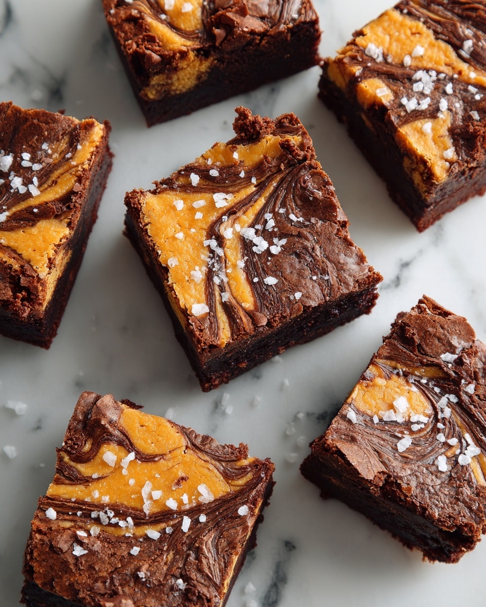 The image shows several square brownie pieces with a swirled pattern of dark brown chocolate and light orange cream on top. Each piece has a cracked, slightly rough texture with flaky salt sprinkled on the surface. The swirls form organic, wavy lines in different shapes on each piece, giving a marbled look. The brownies are placed close together on a white marbled textured surface. photo taken with an iphone --ar 4:5 --v 7