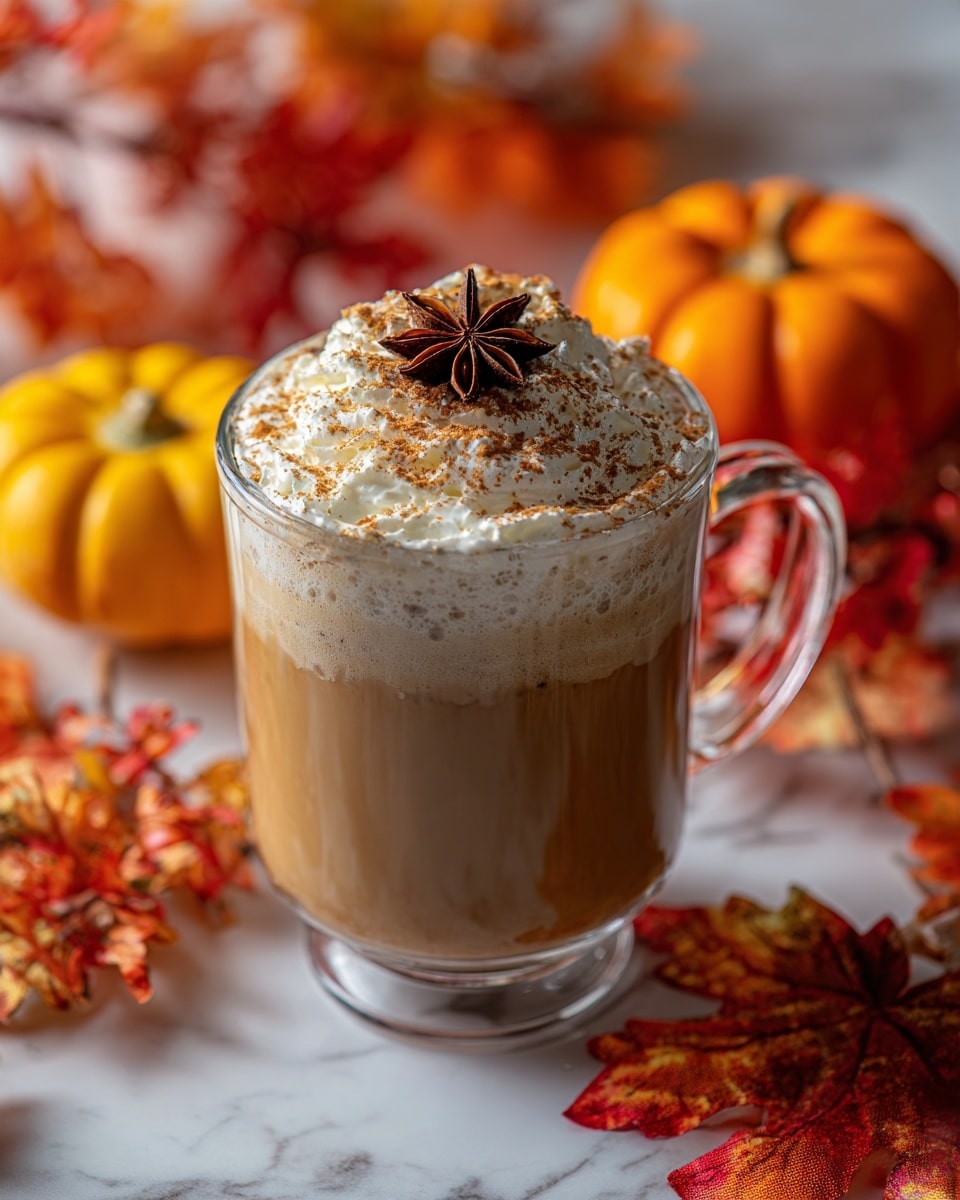 The image shows a clear glass mug filled with a warm brown drink, topped with a thick layer of white whipped cream sprinkled with light brown cinnamon powder, and a single star anise placed in the center on top. The mug has a sturdy handle and is set on a white marbled surface scattered with bright red and orange autumn leaves and small decorative pumpkins in orange and yellow hues around it. Another similar glass mug is partially visible in the background. photo taken with an iphone --ar 4:5 --v 7