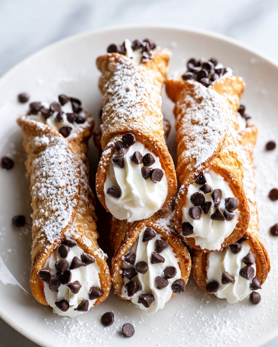 The image shows five crispy golden-brown cannoli shells arranged on a white plate with a white marbled background. Each cannoli is filled with a creamy white ricotta filling that is piped smoothly, with the filling visible at both ends. The exposed ends of the filling are decorated with small dark brown chocolate chips scattered generously. A light dusting of white powdered sugar is sprinkled lightly over the shells and plate, adding a delicate touch. Some chocolate chips have fallen onto the plate around the cannoli, enhancing the visual appeal. The overall look is neat, fresh, and inviting, emphasizing the texture of the crispy shells and smooth filling. photo taken with an iphone --ar 4:5 --v 7