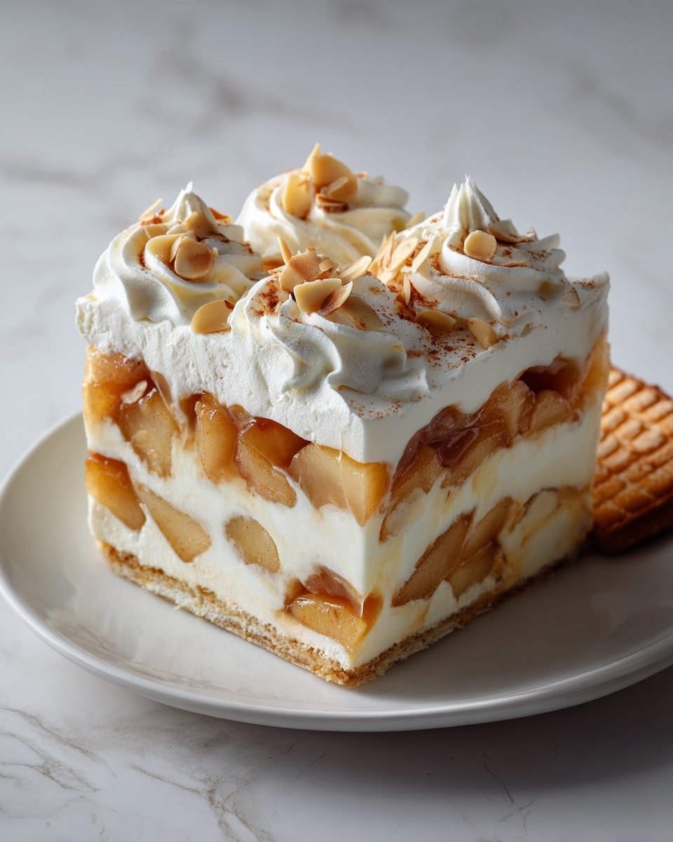 A square dessert with three visible layers sits on a white plate with a light brown rim against a white marbled textured surface. The bottom layer is a smooth white base, likely cream, spread evenly. The middle layer consists of chunky, golden-brown cooked apples creating a thick, textured layer. The top layer features dollops of white whipped cream, each topped with light brown cinnamon powder and scattered with sliced almonds, giving it a soft, airy texture with small crunchy details. A beige biscuit is placed on the side of the plate. Photo taken with an iphone --ar 4:5 --v 7