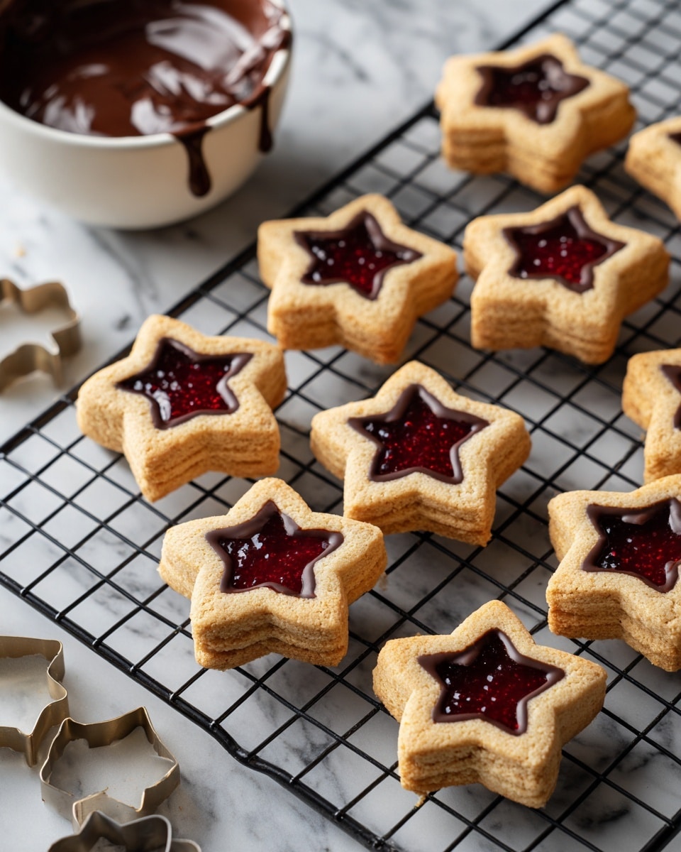 The image shows star-shaped cookies arranged on a black wire cooling rack placed on a dark surface. Each cookie has two layers: a bottom layer of plain brown cookie and a top layer of a matching brown, star-shaped cookie with a hollow center in the shape of a smaller star. The hollow center is filled with glossy dark chocolate or jam. The top layer of each cookie has the tips dipped in shiny dark chocolate, creating a smooth texture and warm contrast with the matte cookie base. In the background, there is a white bowl with dark liquid being poured by a pair of wooden chopsticks. The overall look is cozy and homemade. Photo taken with an iphone --ar 4:5 --v 7