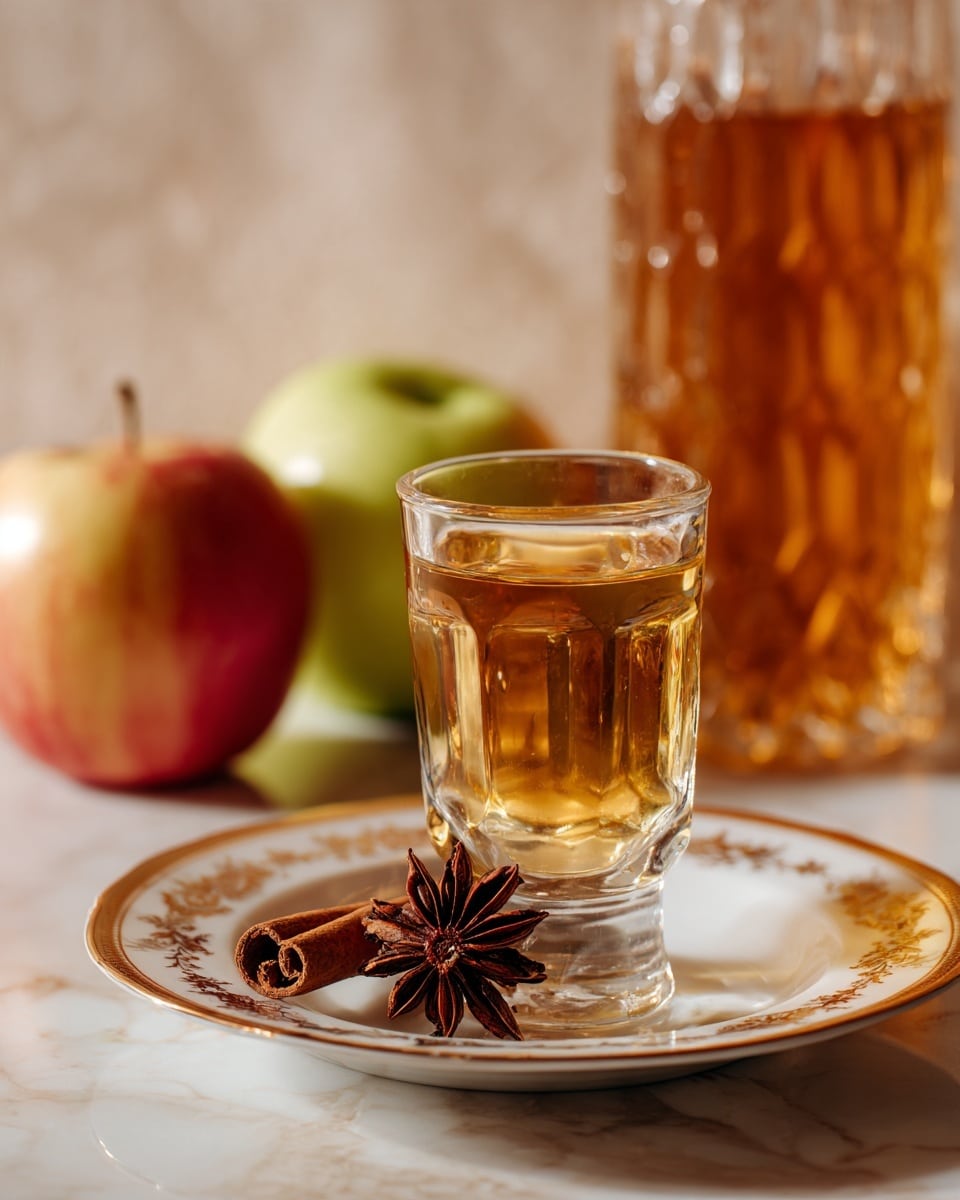 A small clear glass holds a light amber liquid and sits at the center of a white plate with a gold patterned rim. On the plate next to the glass, there is one cinnamon stick that is light brown with a rough texture, and a dark brown star anise placed on top of the cinnamon stick. In the background, two whole apples, one greenish-pink and the other red, along with a glass container filled with a similar amber liquid are slightly out of focus. The entire scene is set on a white marbled surface. photo taken with an iphone --ar 4:5 --v 7
