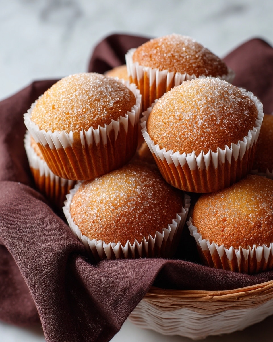 A close-up view of several sugar-coated muffins stacked closely together inside a white-lined basket with a dark brown cloth lining the basket. Each muffin has a golden-brown top with a granulated sugar texture giving a sparkly effect. The muffin wrappers are white, slightly crinkled and visible around the base of each muffin. The background and surface under the basket show a white marbled texture. photo taken with an iphone --ar 4:5 --v 7