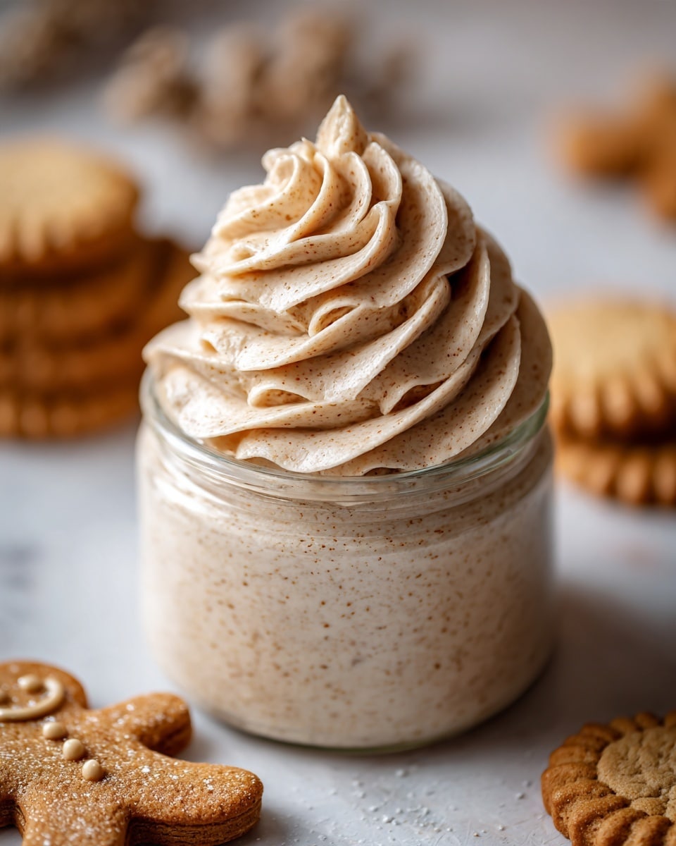 The image shows a small clear glass bowl filled with a light brown whipped cream or mousse that has a smooth and slightly grainy texture. The cream is swirled in soft peaks with a piped spiral pattern on top, forming about three layers of curls that give it a fluffy look. Around the bowl, there are light brown round biscuits and a gingerbread man cookie cutter in front. The background is a white marbled texture. Photo taken with an iphone --ar 4:5 --v 7