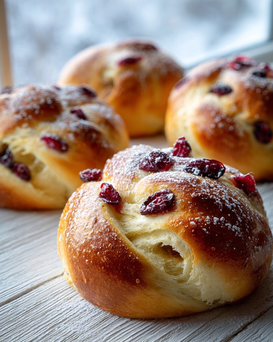 The image shows close-up, freshly baked braided buns with a shiny golden brown crust, sprinkled lightly with powdered sugar on top. Each bun has many dark red raisins scattered throughout the soft, fluffy dough, with the braided texture clearly visible. The buns rest on a wooden board, all closely placed side by side. The background is a white marbled texture with soft natural light coming from behind. Photo taken with an iphone --ar 4:5 --v 7