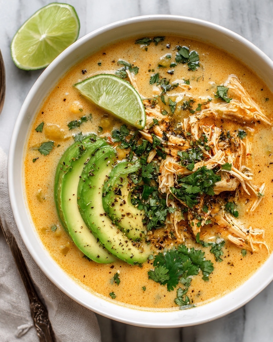 A white bowl with a brown rim filled with soup that has a light brown broth base. The soup contains chickpeas scattered throughout, and on one side there is a layer of shredded chicken with a pale beige color. Next to the chicken, there are two slices of avocado with a smooth light green texture and a thin lime slice with a pale green interior. The soup is topped with fresh green cilantro leaves and black pepper specks, all set on a white marbled surface. Photo taken with an iphone --ar 4:5 --v 7