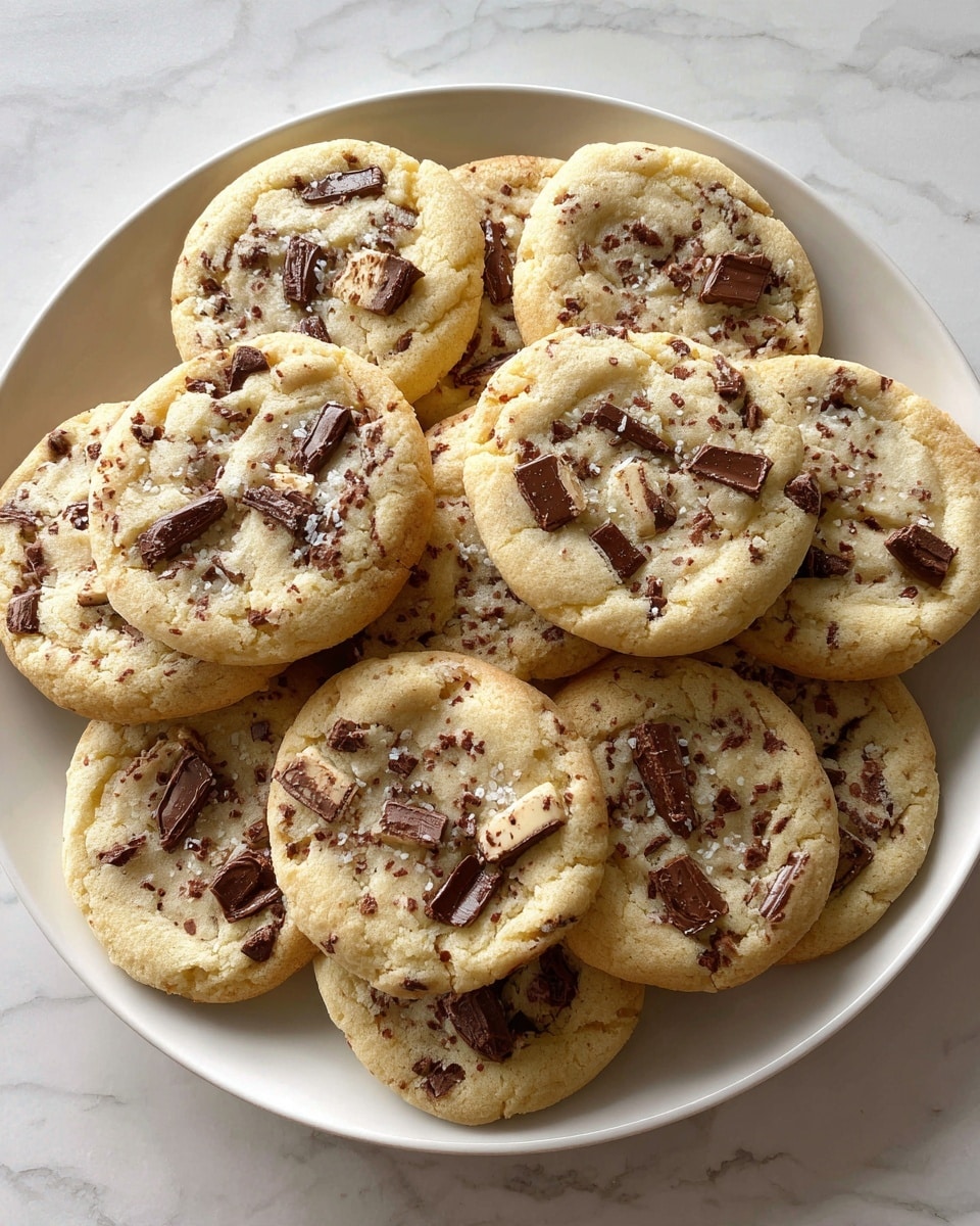 A white plate filled with a pile of soft chocolate chip cookies. Each cookie is light golden brown with a slightly textured surface, dotted with uneven chunks of melted milk chocolate spread across the tops. The cookies overlap each other, showing some edges that are slightly darker from baking. The background is a white marbled texture. photo taken with an iphone --ar 4:5 --v 7