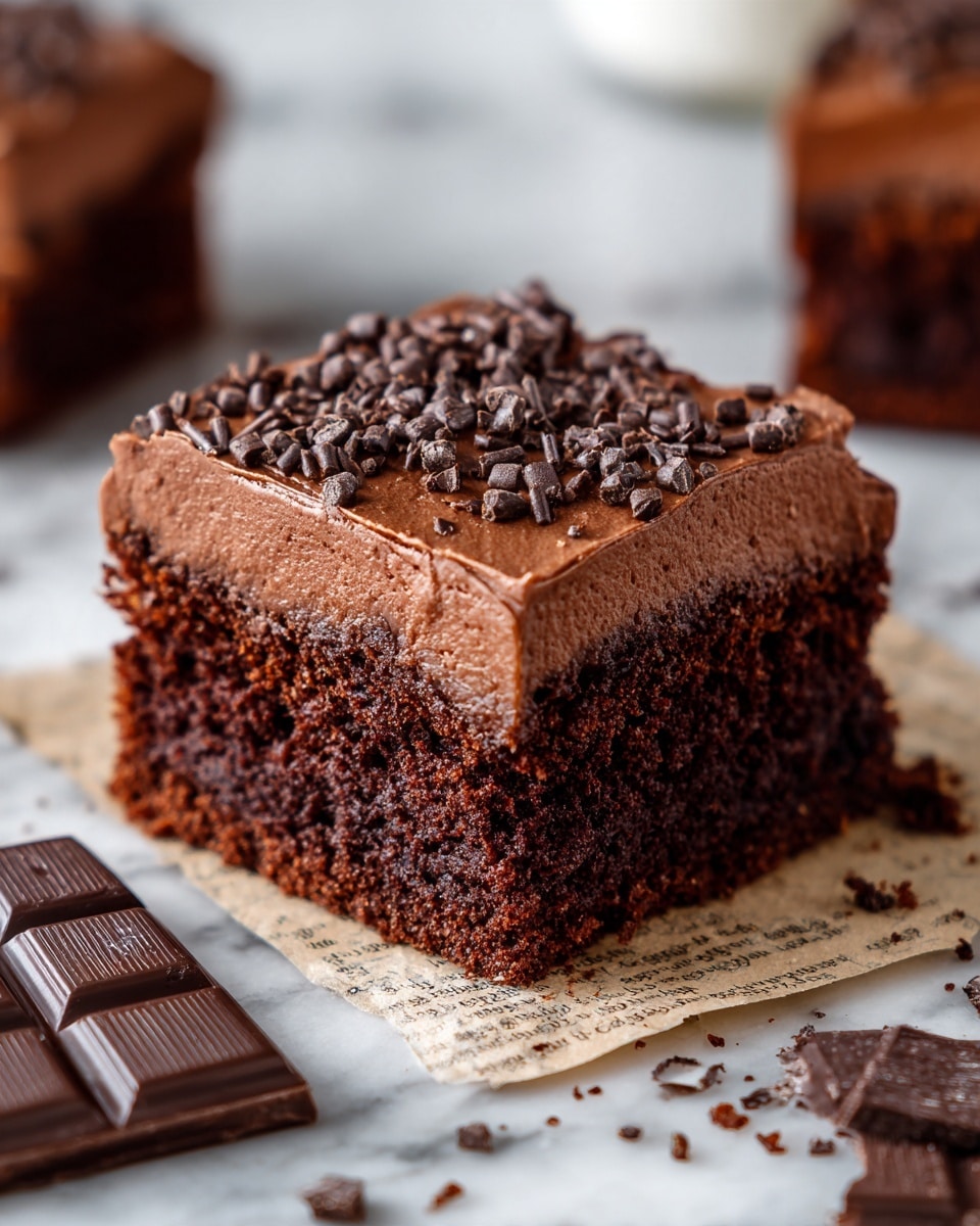 The image shows a close-up of a single square piece of rich, dark chocolate cake with one thick layer. The bottom layer is moist, crumbly, and deep brown in color. On top is a thick layer of smooth, glossy chocolate frosting with a slightly textured surface and tiny chocolate flakes sprinkled over it. The cake sits on a piece of printed paper resembling a newspaper, with crumbs scattered around. In the foreground, there are pieces of dark chocolate blocks. The background consists of more pieces of the same chocolate cake, slightly blurred. The entire scene is set on a white marbled surface. photo taken with an iphone --ar 4:5 --v 7